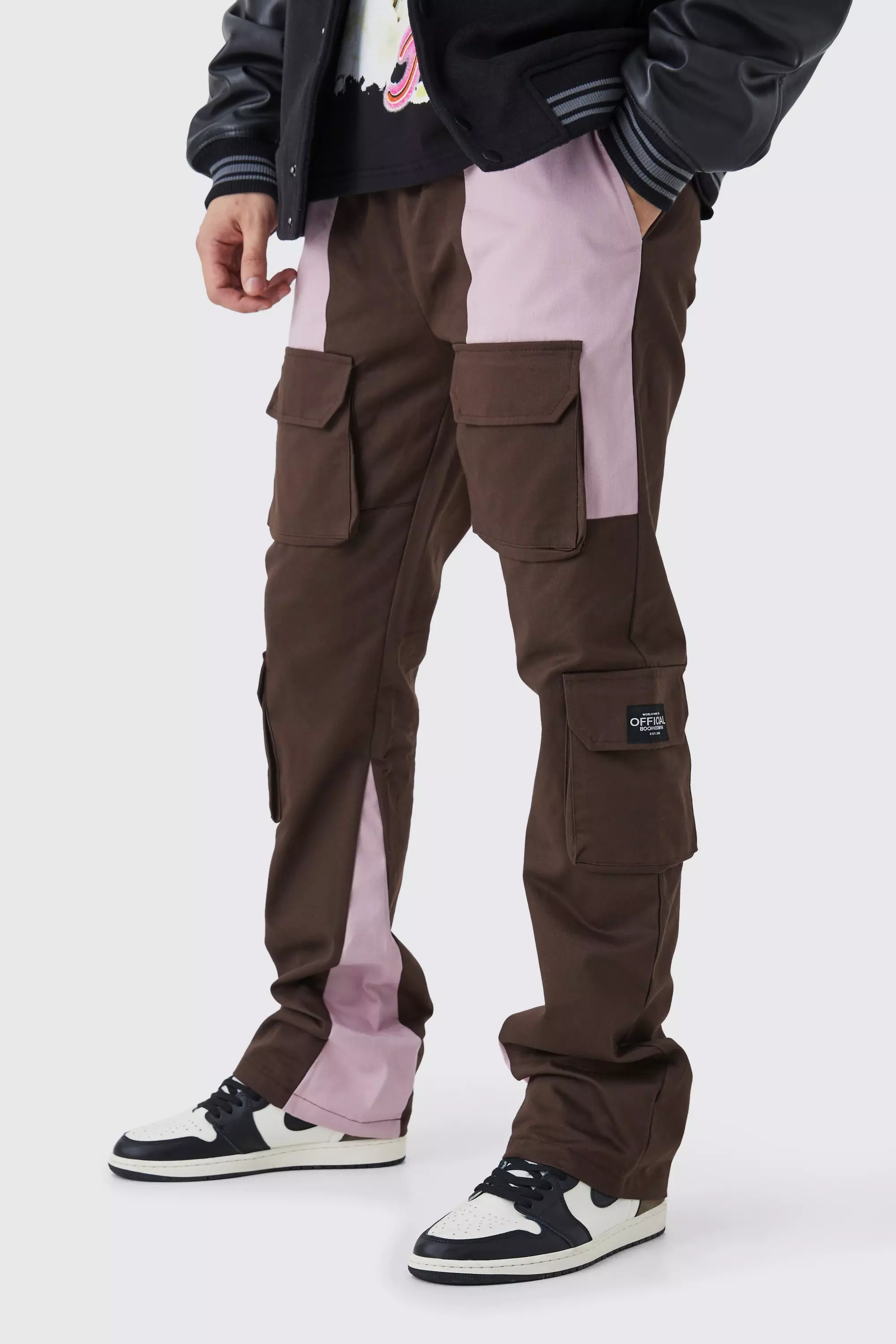 Chocolate Brown Tall Slim Flare Multi Cargo Colour Block Pants