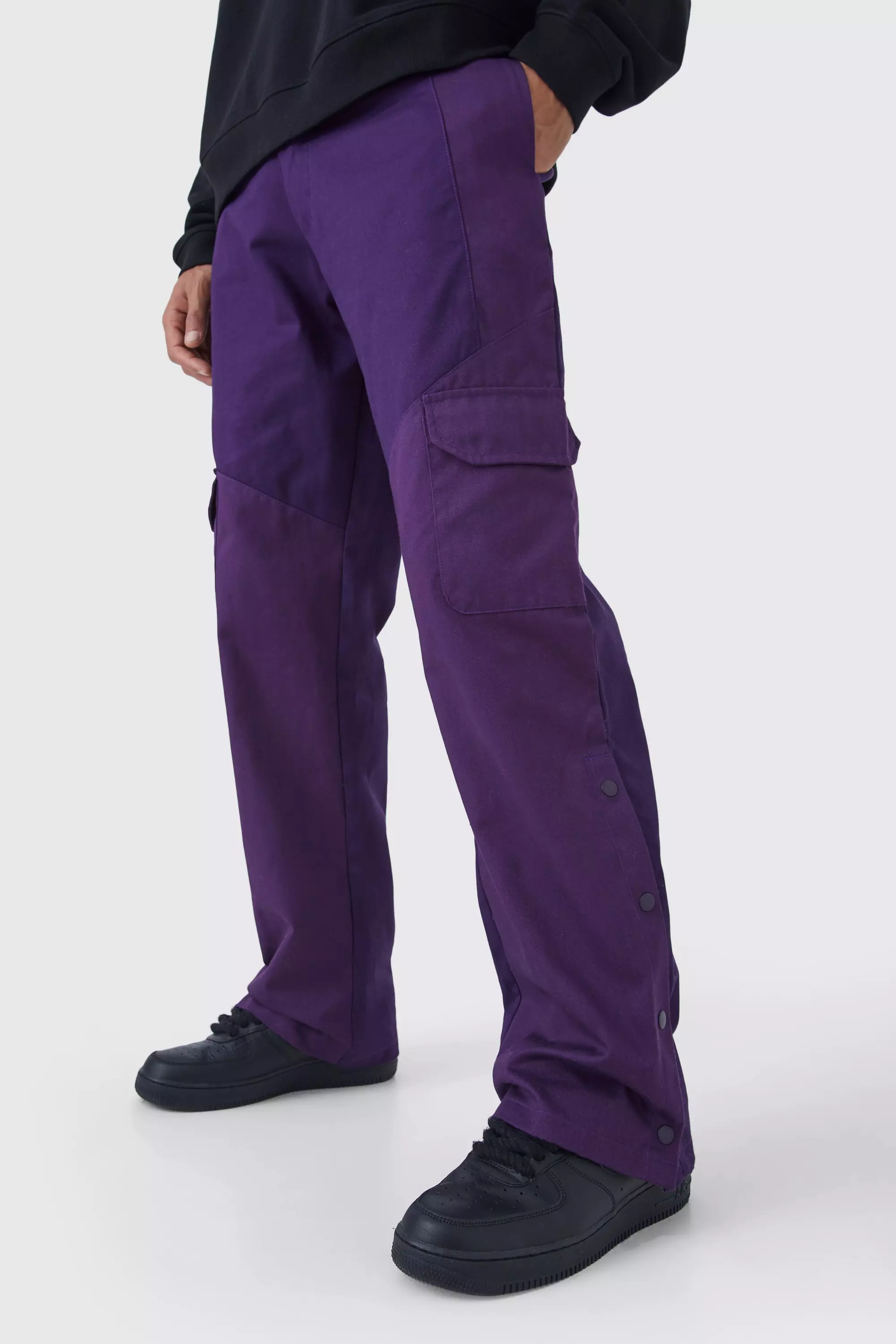 Purple Tall Slim Fit Colour Block Cargo Pants With Woven Tab