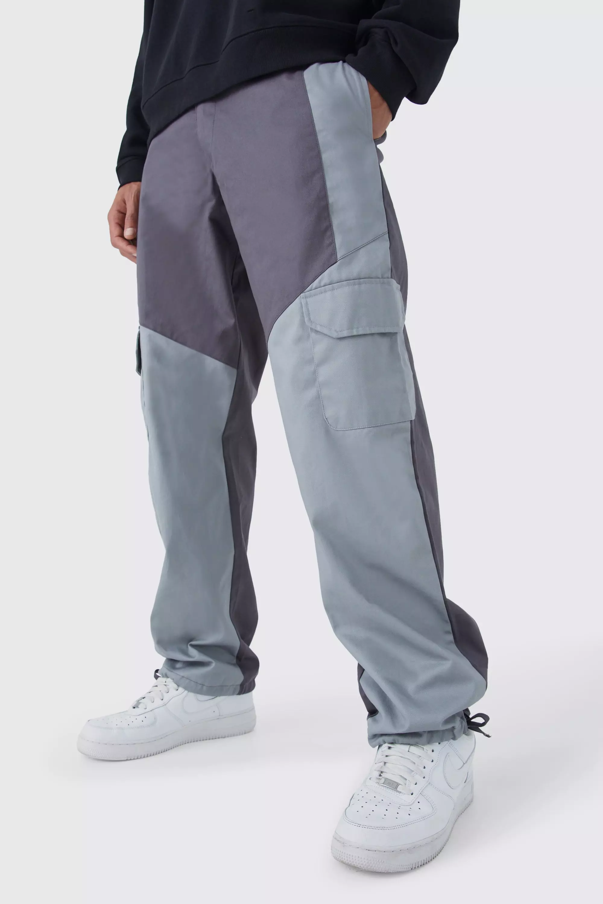 Charcoal Grey Tall Slim Fit Colour Block Cargo Pants With Woven Tab