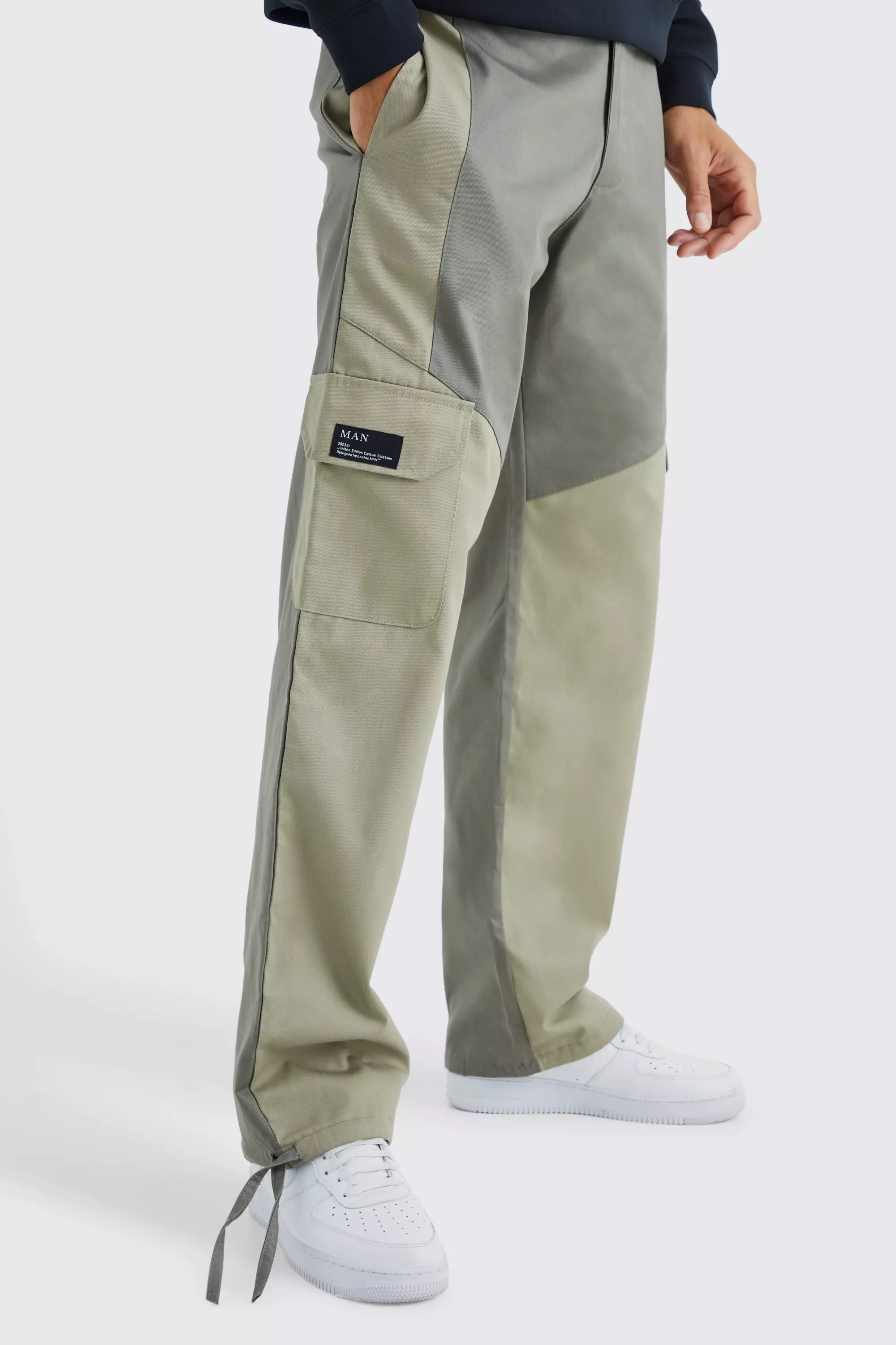 Tall Slim Fit Colour Block Cargo Pants With Woven Tab Khaki