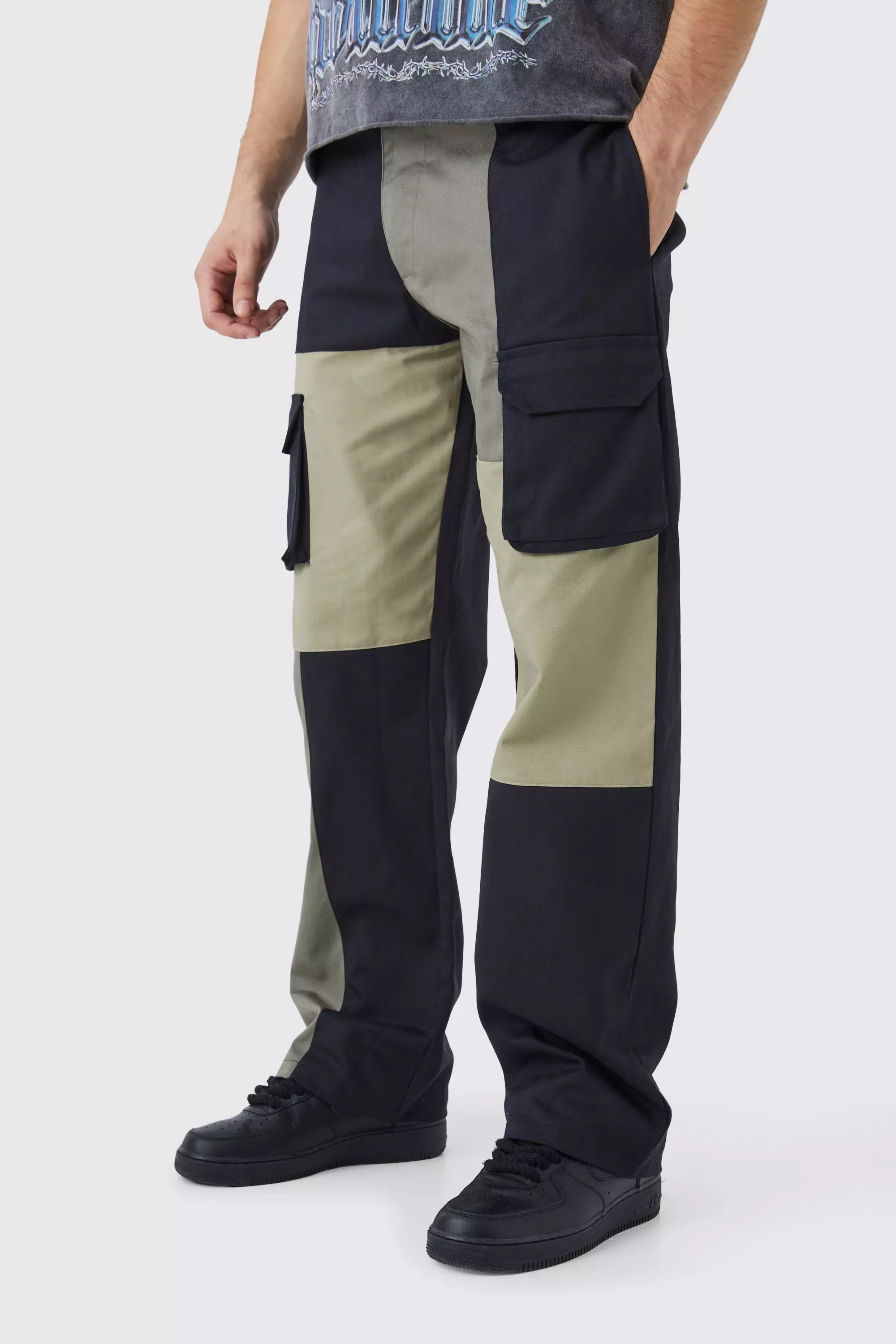 Khaki Tall Relaxed Fit Multi Colour Block Cargo Pants