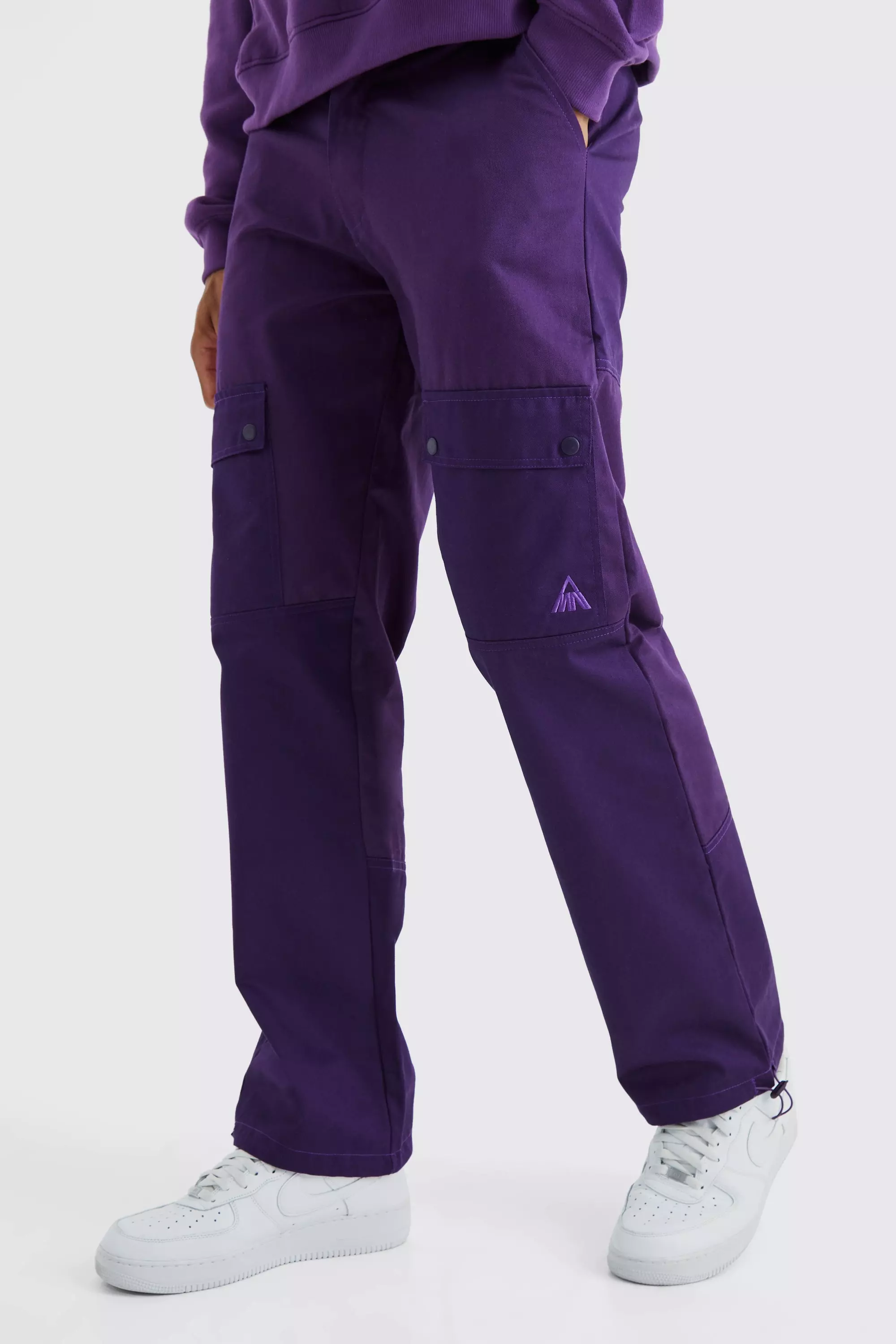 Tall Relaxed Fit Colour Block Tonal Branded Cargo Pants Purple