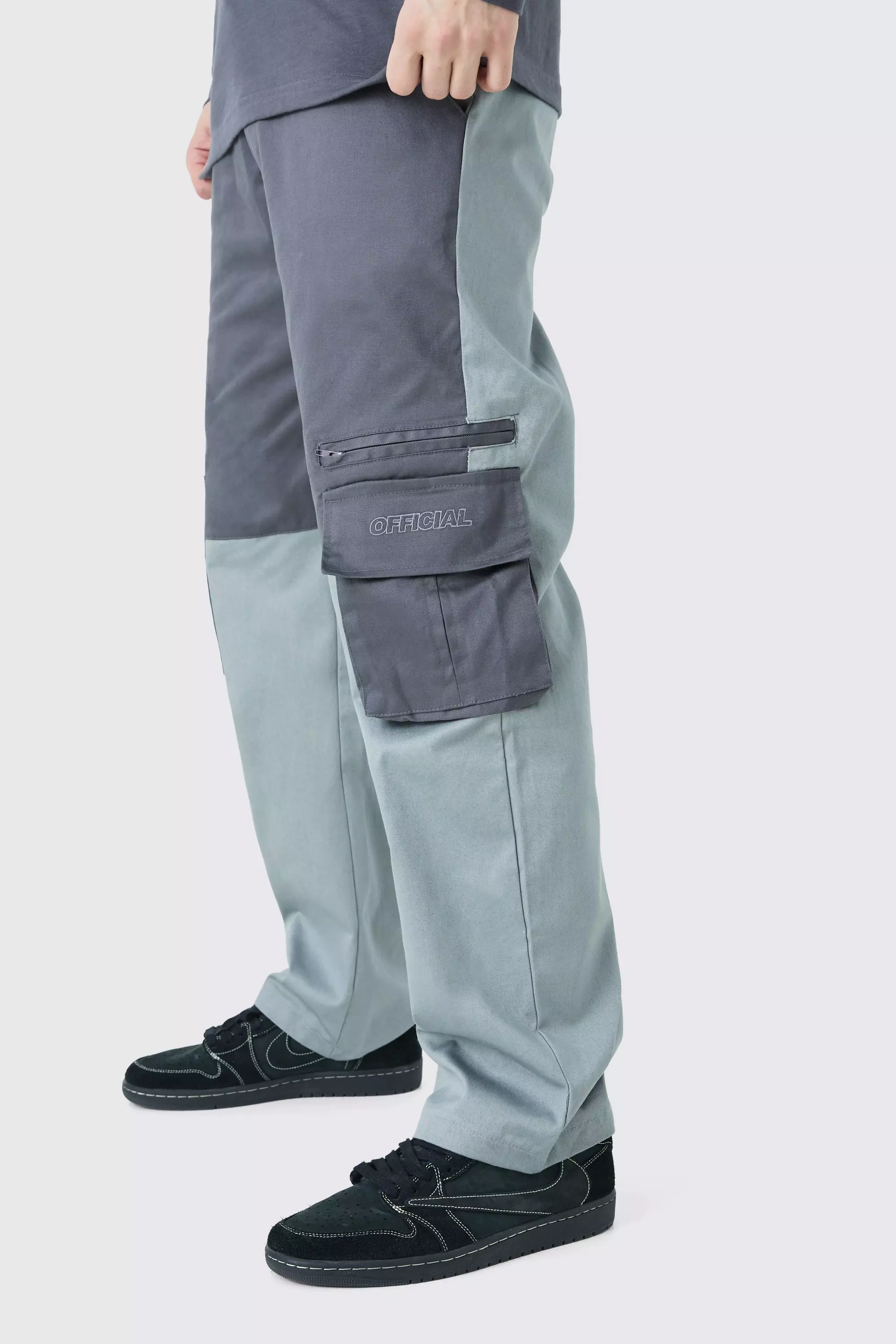Charcoal Grey Tall Relaxed Fit Colour Block Official Branded Cargo Pants