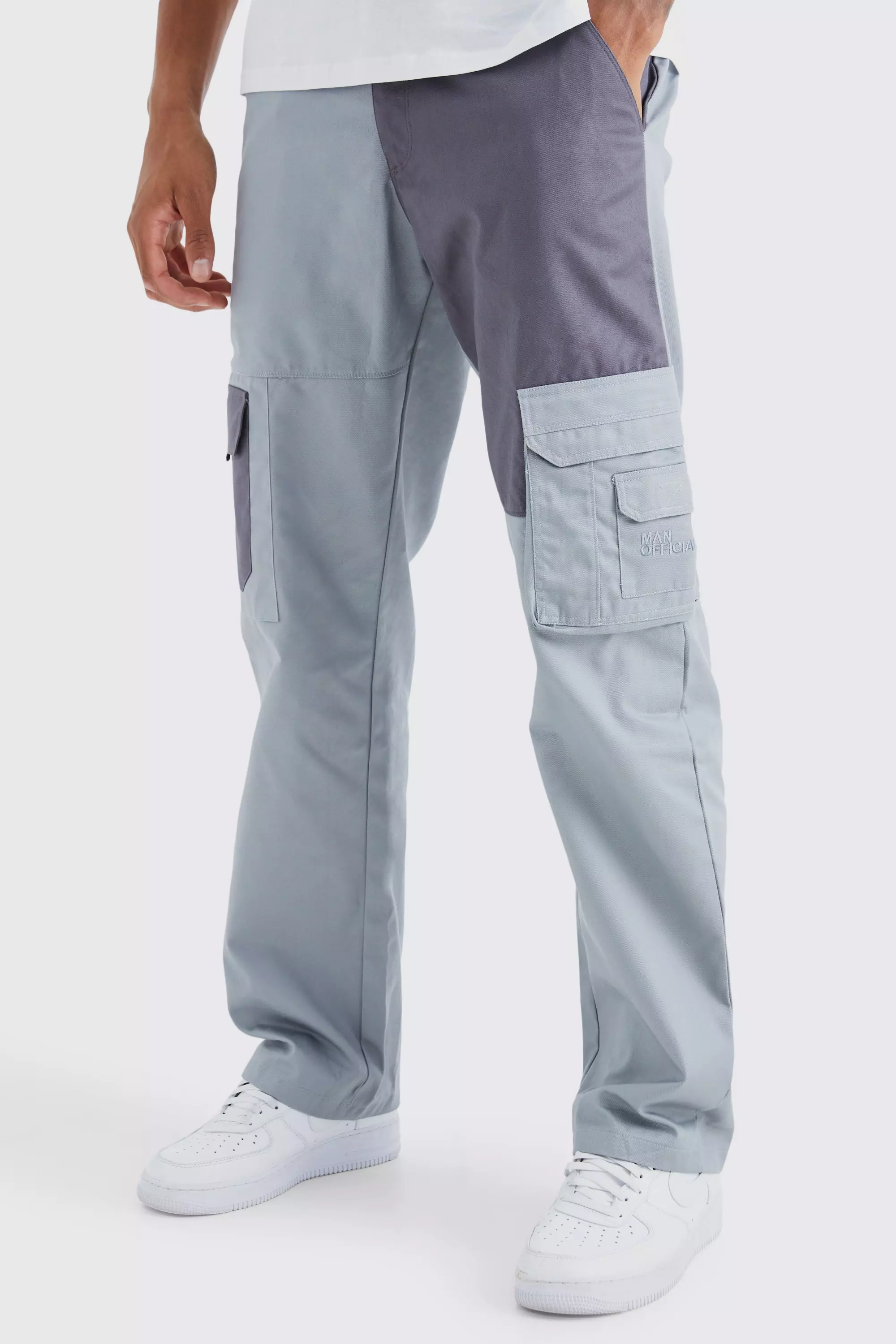 Charcoal Grey Tall Relaxed Fit Colour Block Tonal Branded Cargo Pants