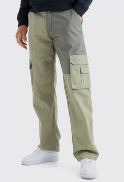 Tall Relaxed Fit Colour Block Tonal Branded Cargo Pants Khaki