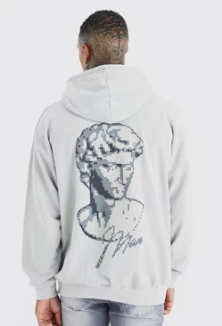 Oversized Overdyed Pixilated Statue Graphic Hoodie Stone
