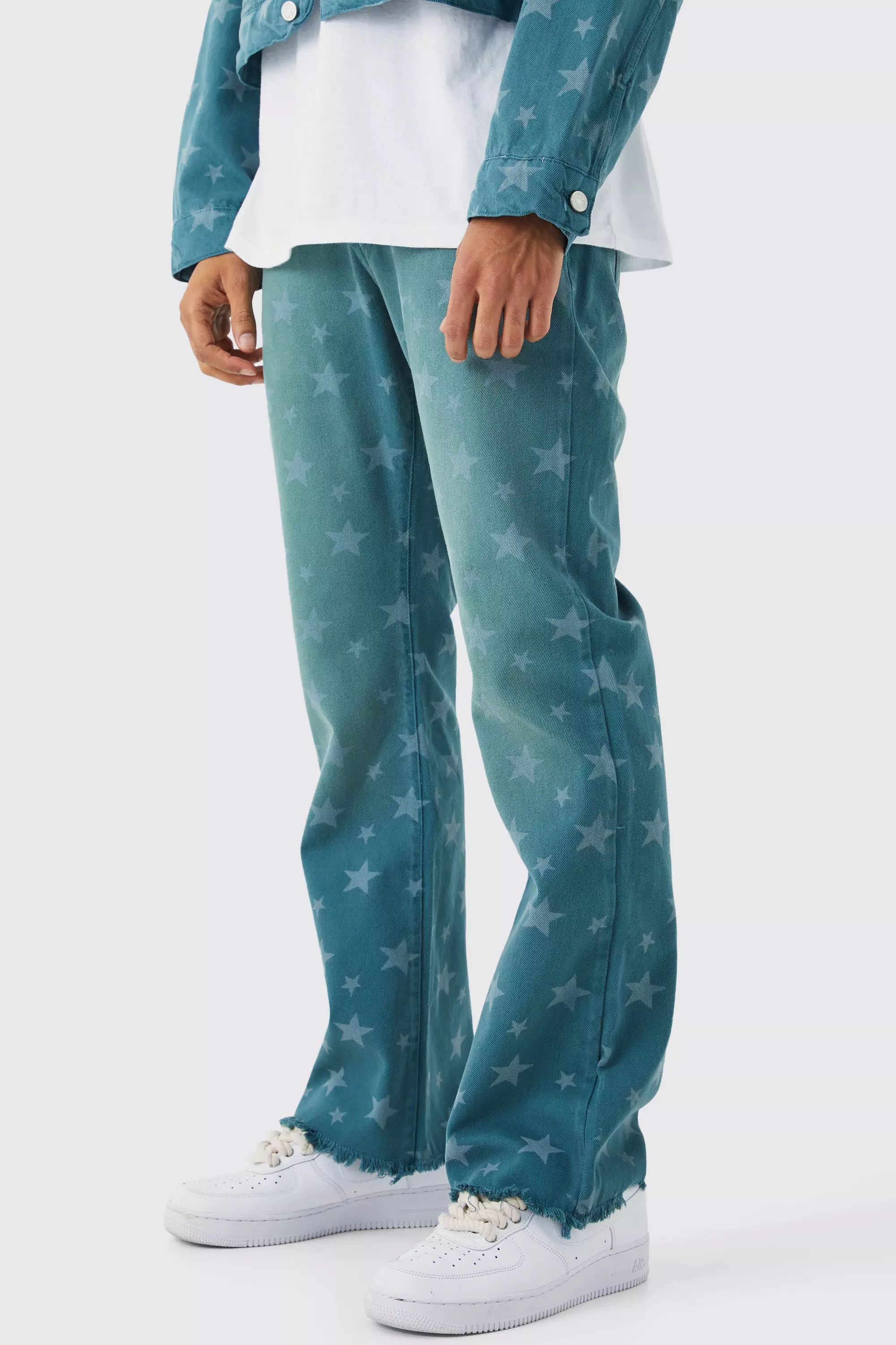 Relaxed Rigid Flare All Over Star Print Jeans Teal