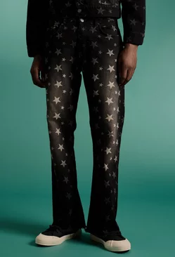 Black Relaxed Rigid Flare All Over Star Print Jeans