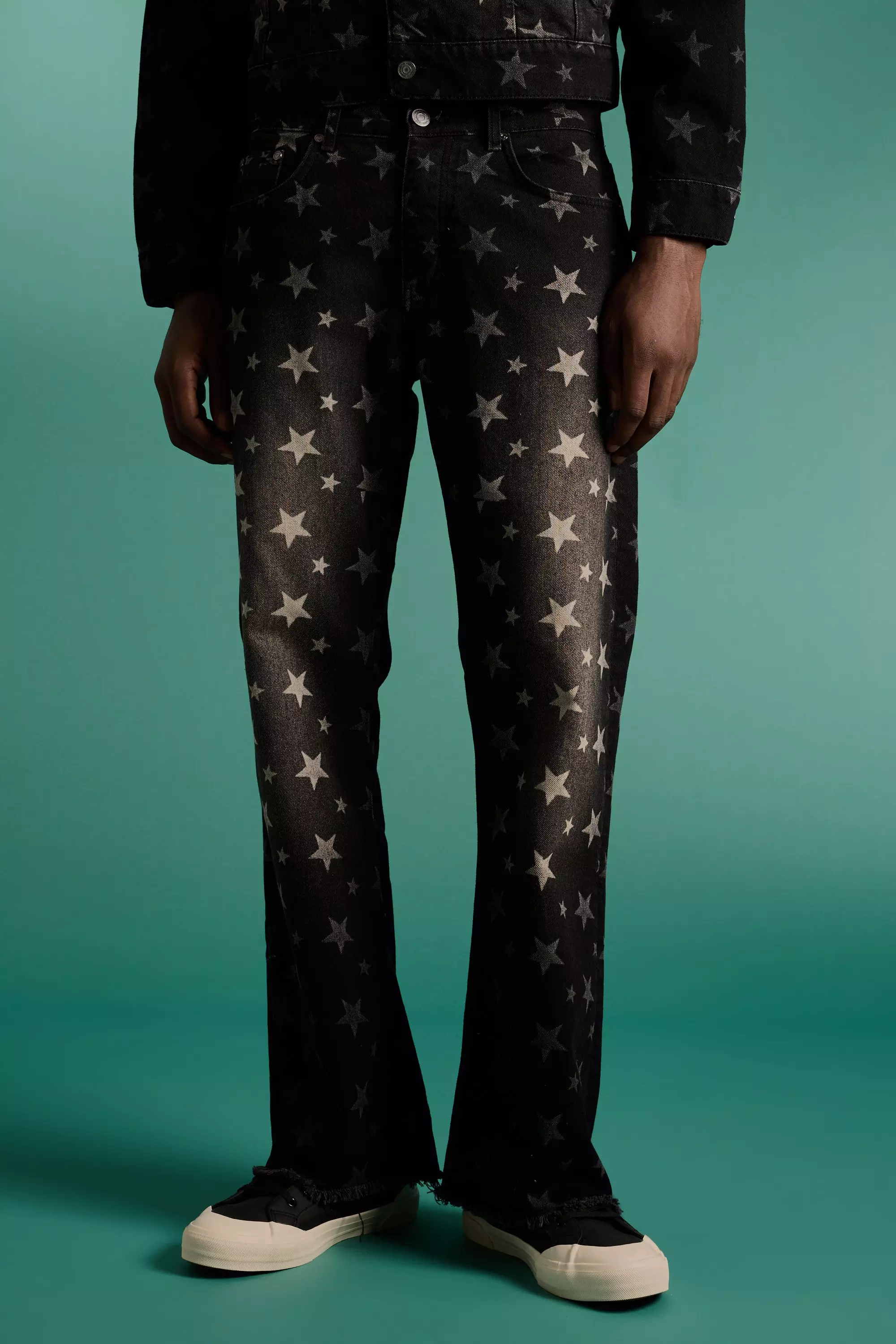 Ash Grey Relaxed Rigid Flare All Over Star Print Jeans
