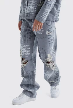 Baggy Rigid All Over Distressed Jeans Mid grey