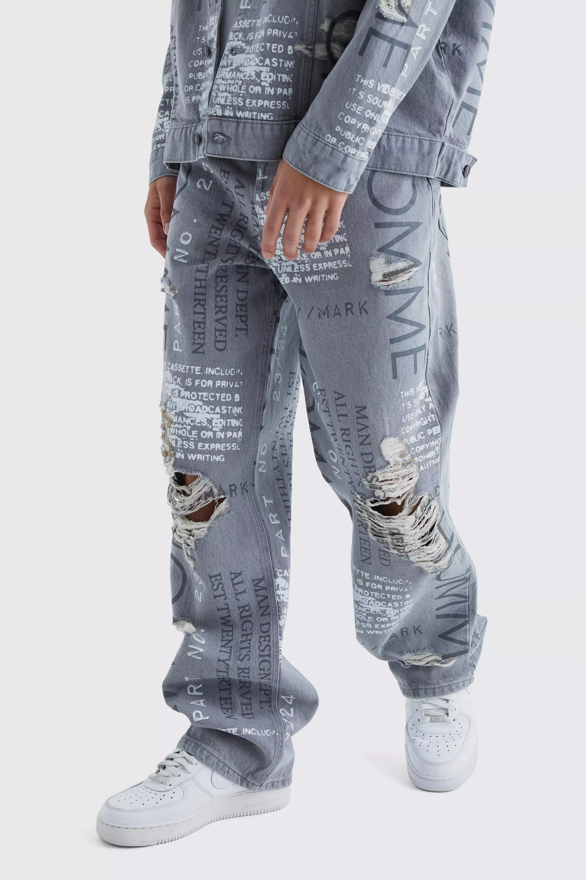 Grey Baggy Rigid All Over Distressed Jeans