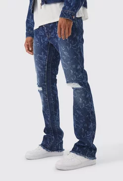 Blue Slim Flare Laser Print Gusset Jean