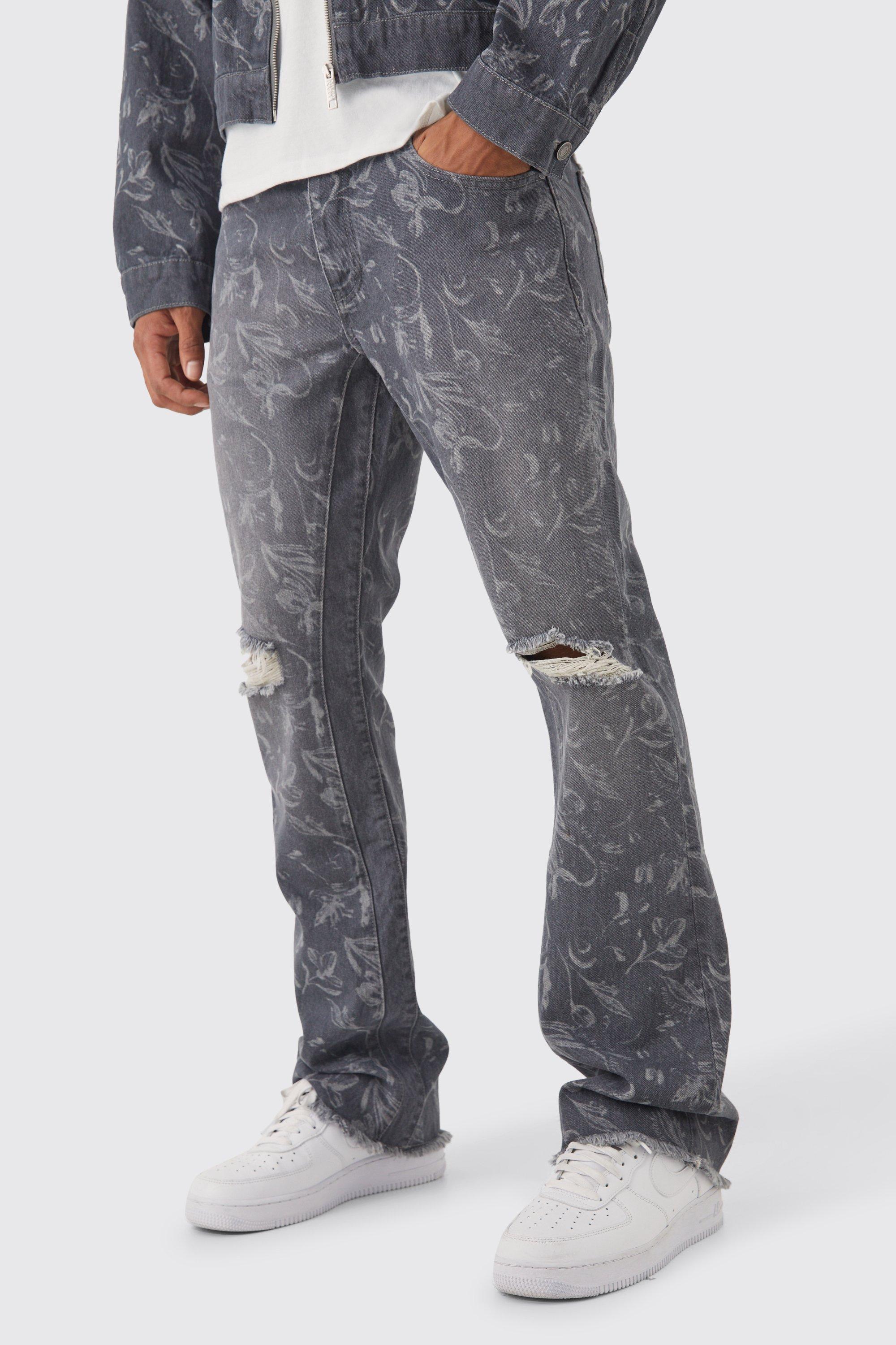 Grey Slim Flare Laser Print Gusset Jean