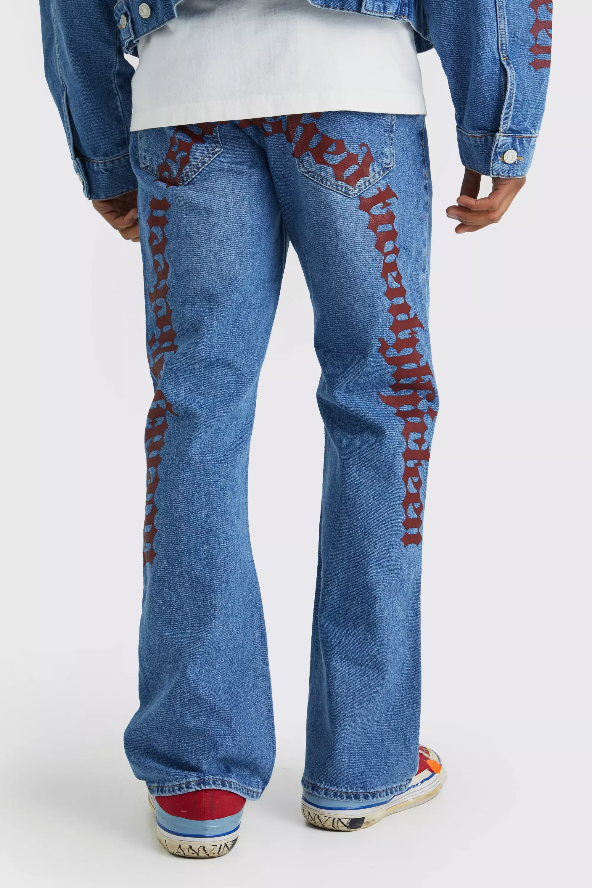 Blue Relaxed Flare Rigid Graphic Waistband Jeans