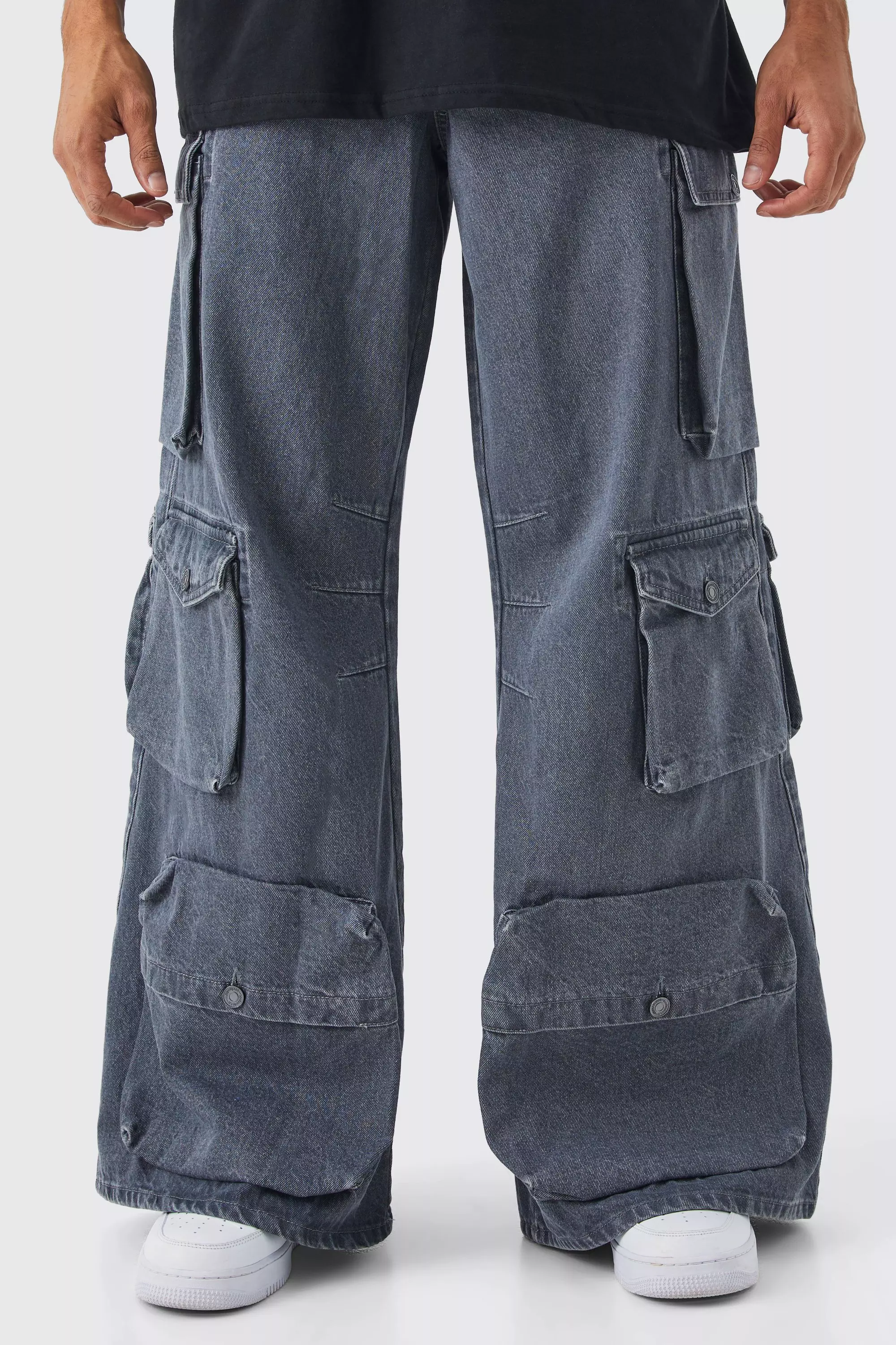 Extreme Baggy Rigid Multi Cargo Pocket Acid Wash Jean Grey