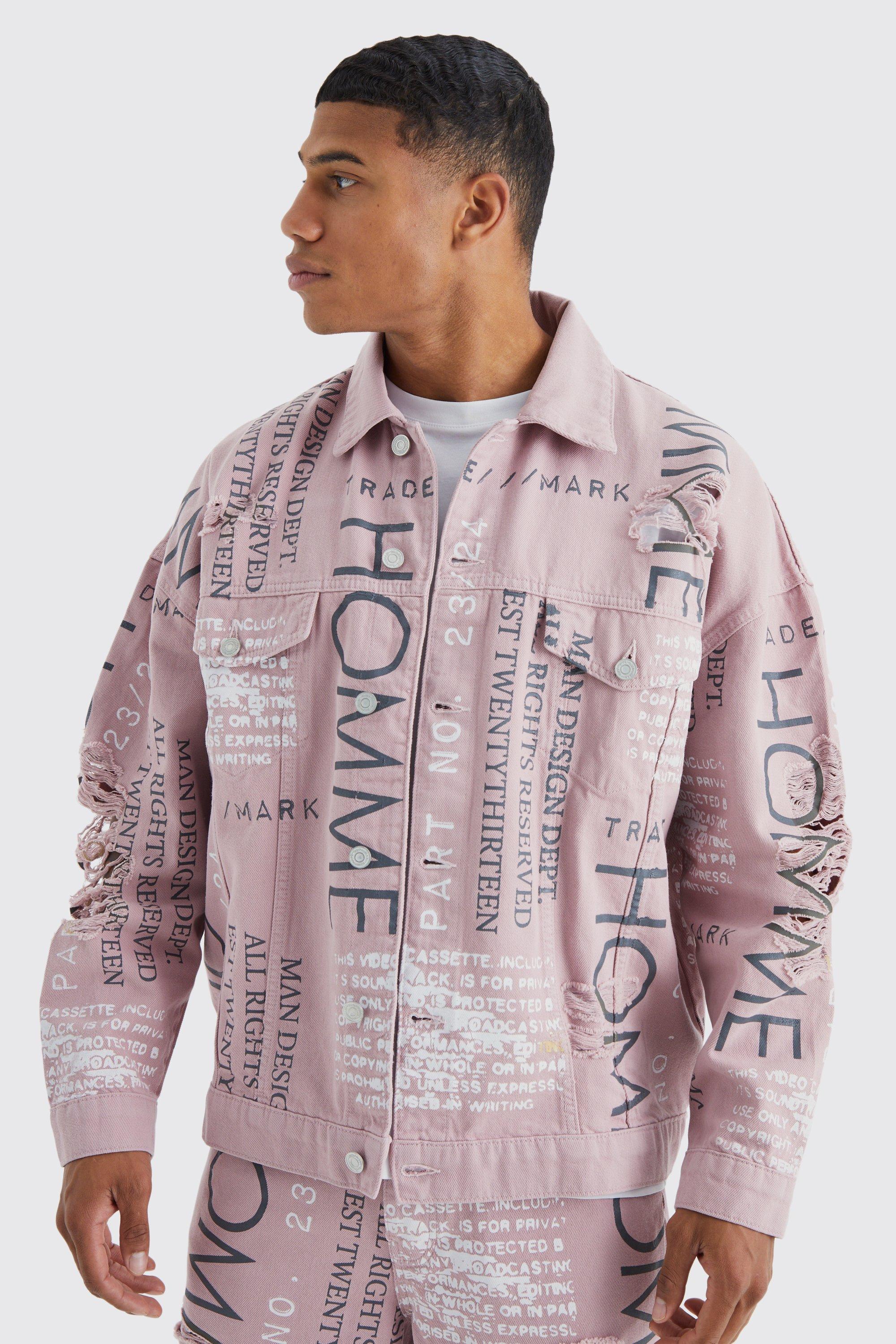 Pale pink Oversized All Over Print Distressed Denim Jacket