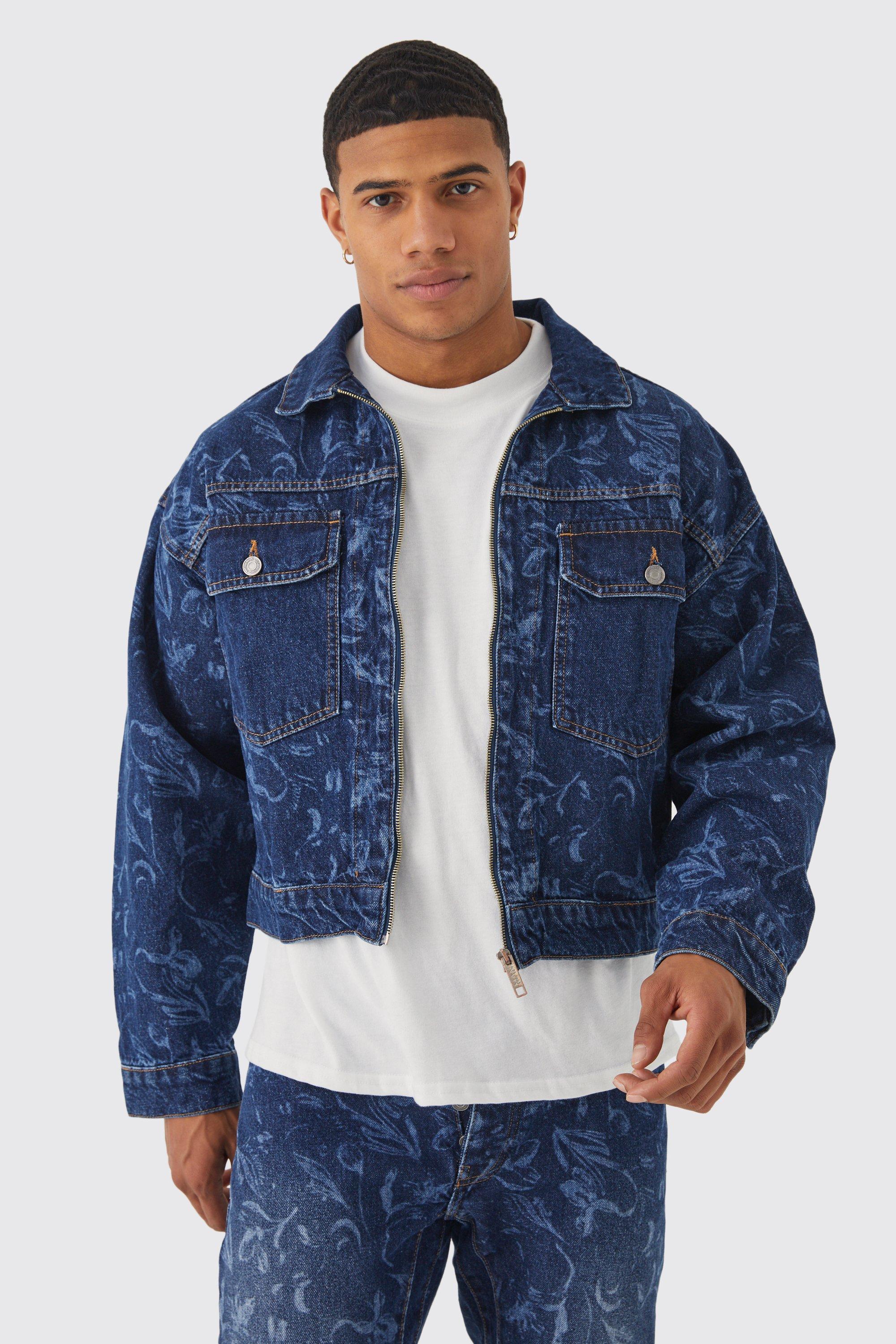 Kastige Jeansjacke mit Reißverschluss und Laser-Print, Dark blue