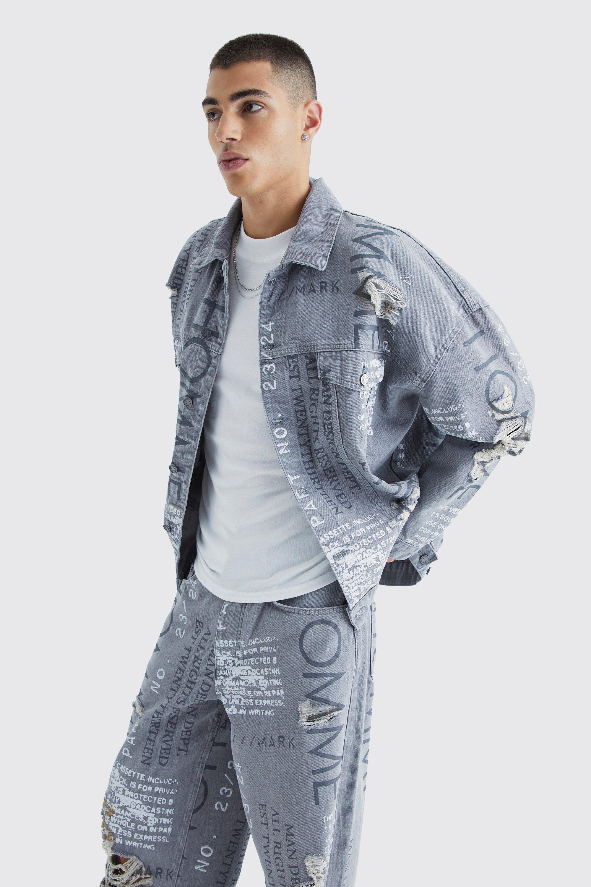 Zerrissene Oversize Jeansjacke mit Print, Mid grey