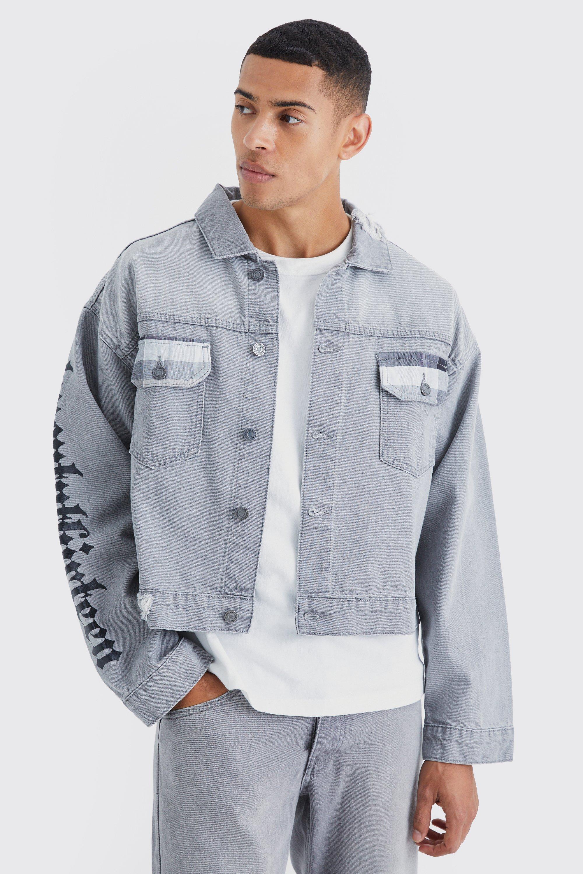 Grey Boxy Fit Back Graphic Jean Jackets