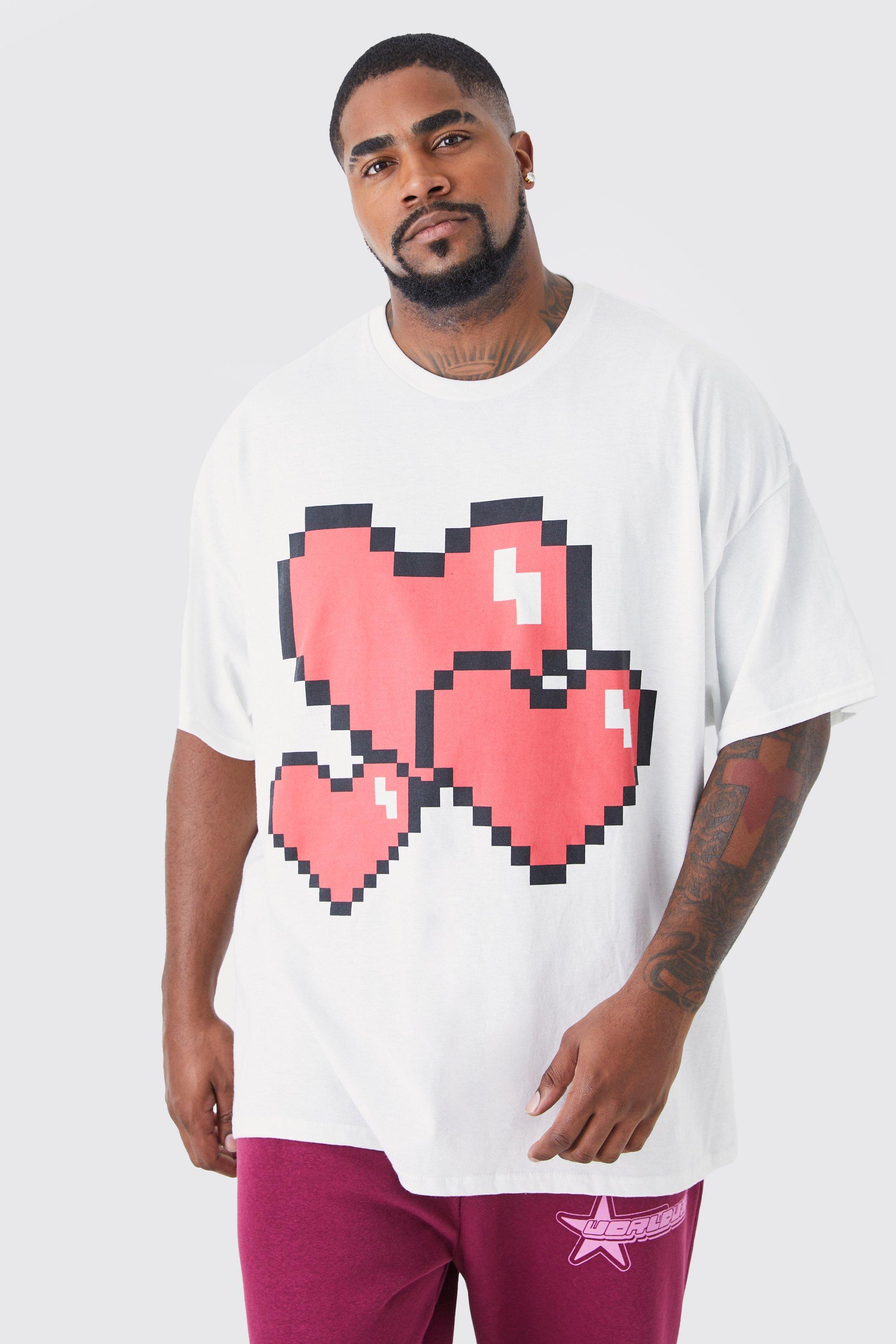 boohooMAN Men's Plus Size Pixilated Heart Graphic T-Shirt