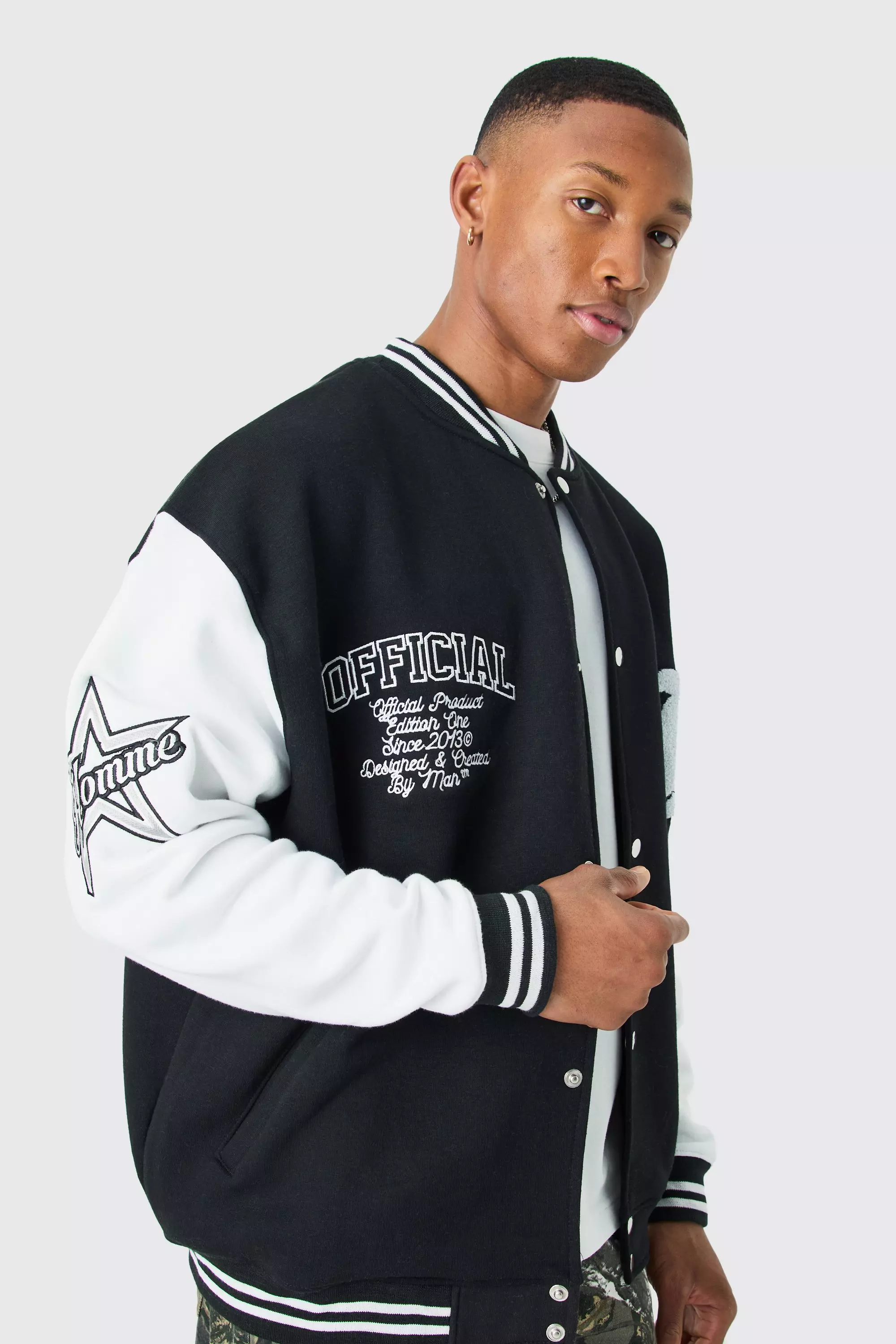 Oversized Varsity Bomber Jacket With Badges Black