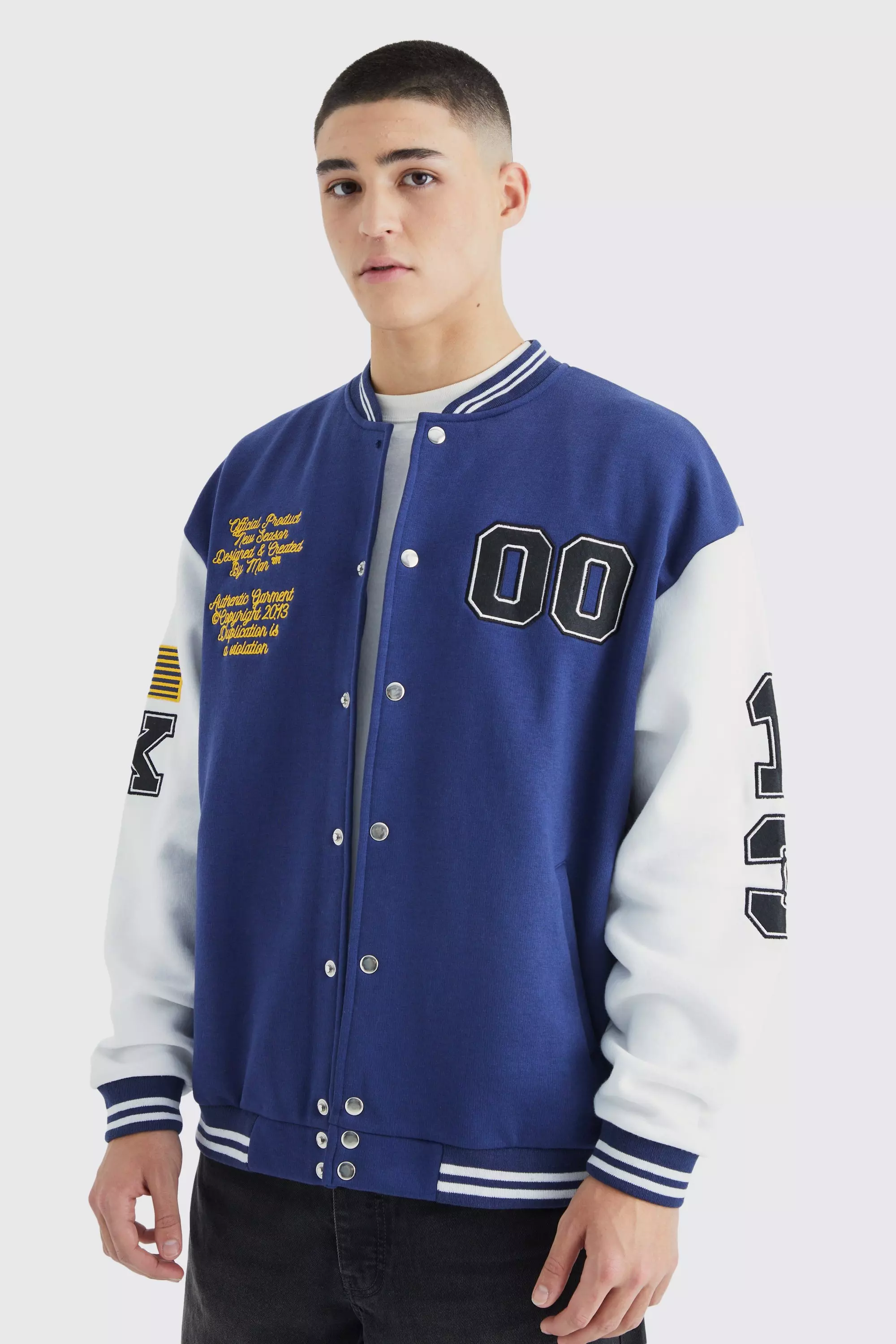 Jersey Varsity Bomber Jacket With Badges Navy