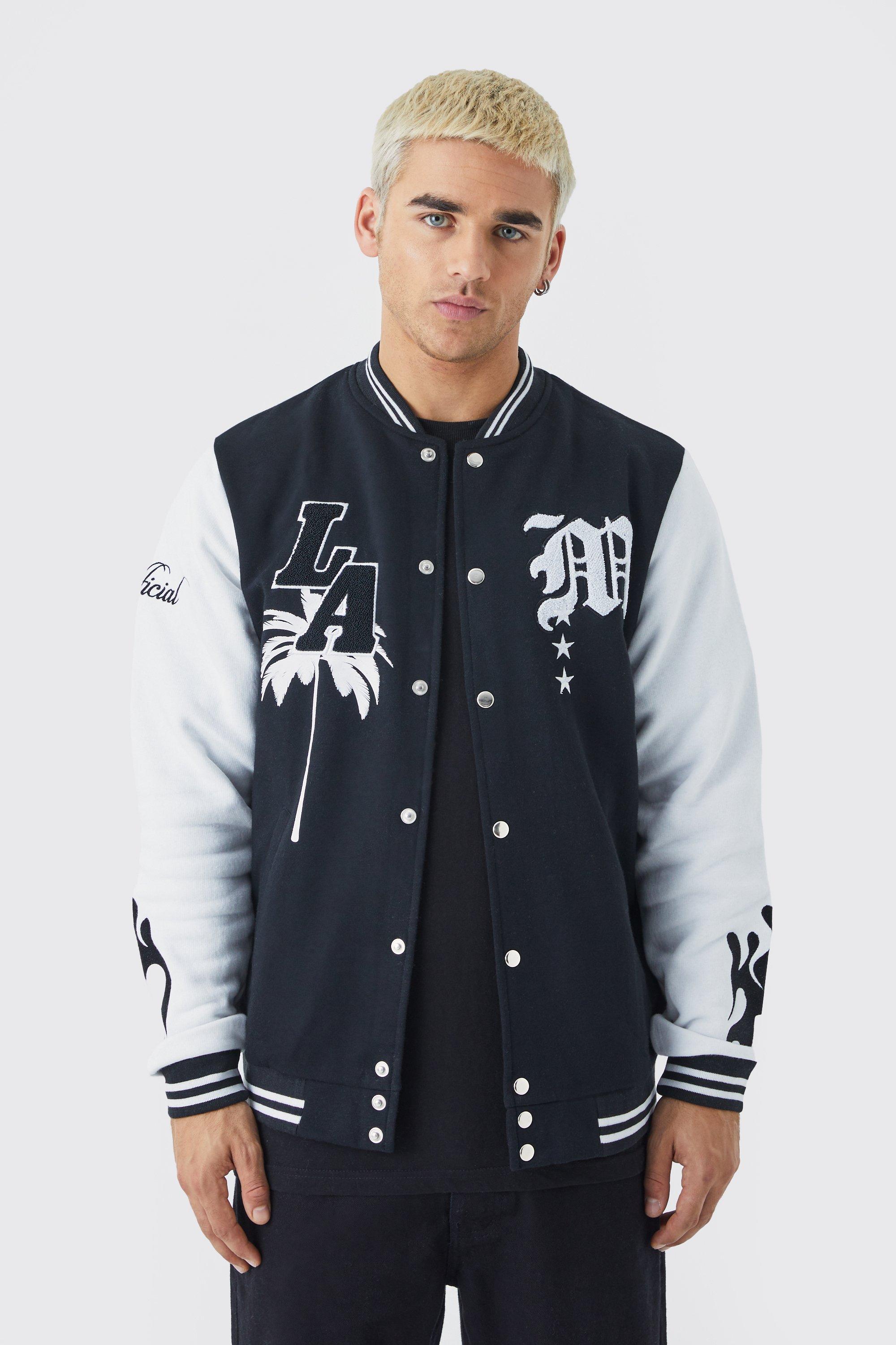 La Badge Jersey Varsity Bomber Jacket | boohooMAN USA