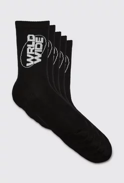 5 Pack Worldwide Logo Sports Socks Black