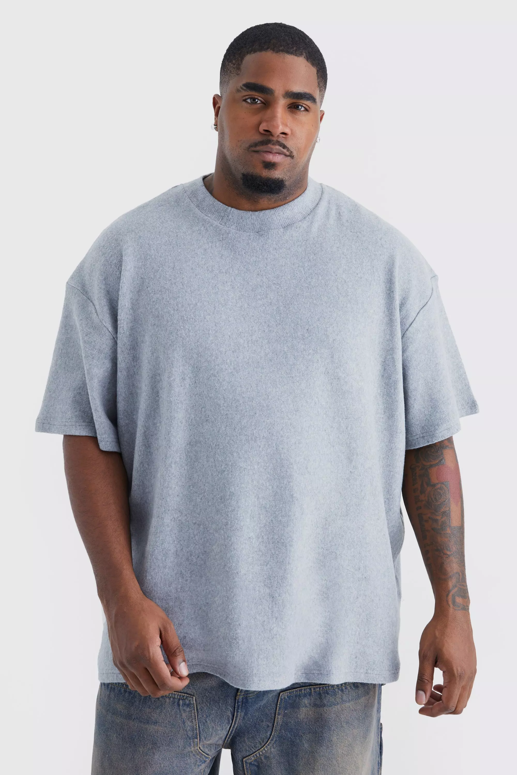 Plus Brushed Ottoman Oversized Extended Neck T-shirt Grey marl