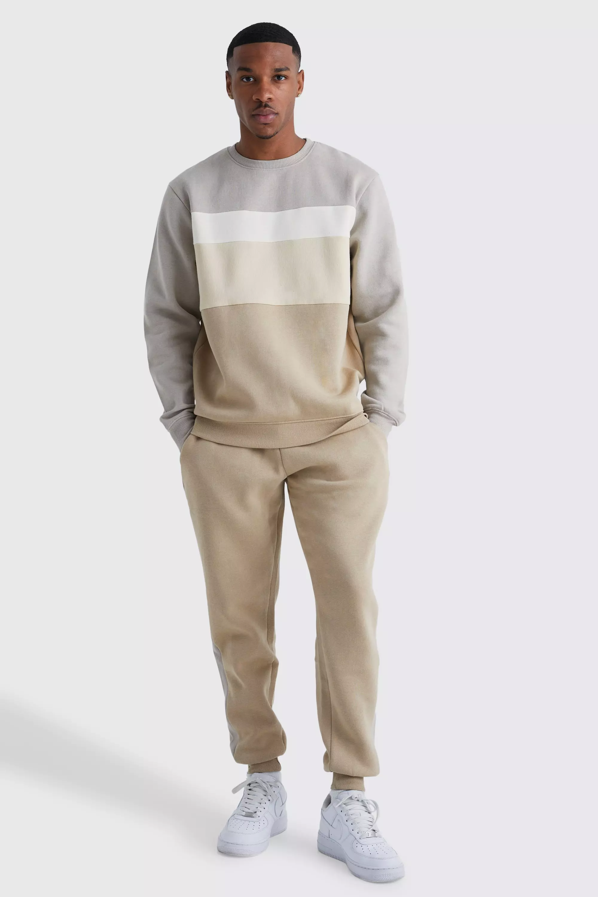 Core Colour Block Sweater Tracksuit Beige