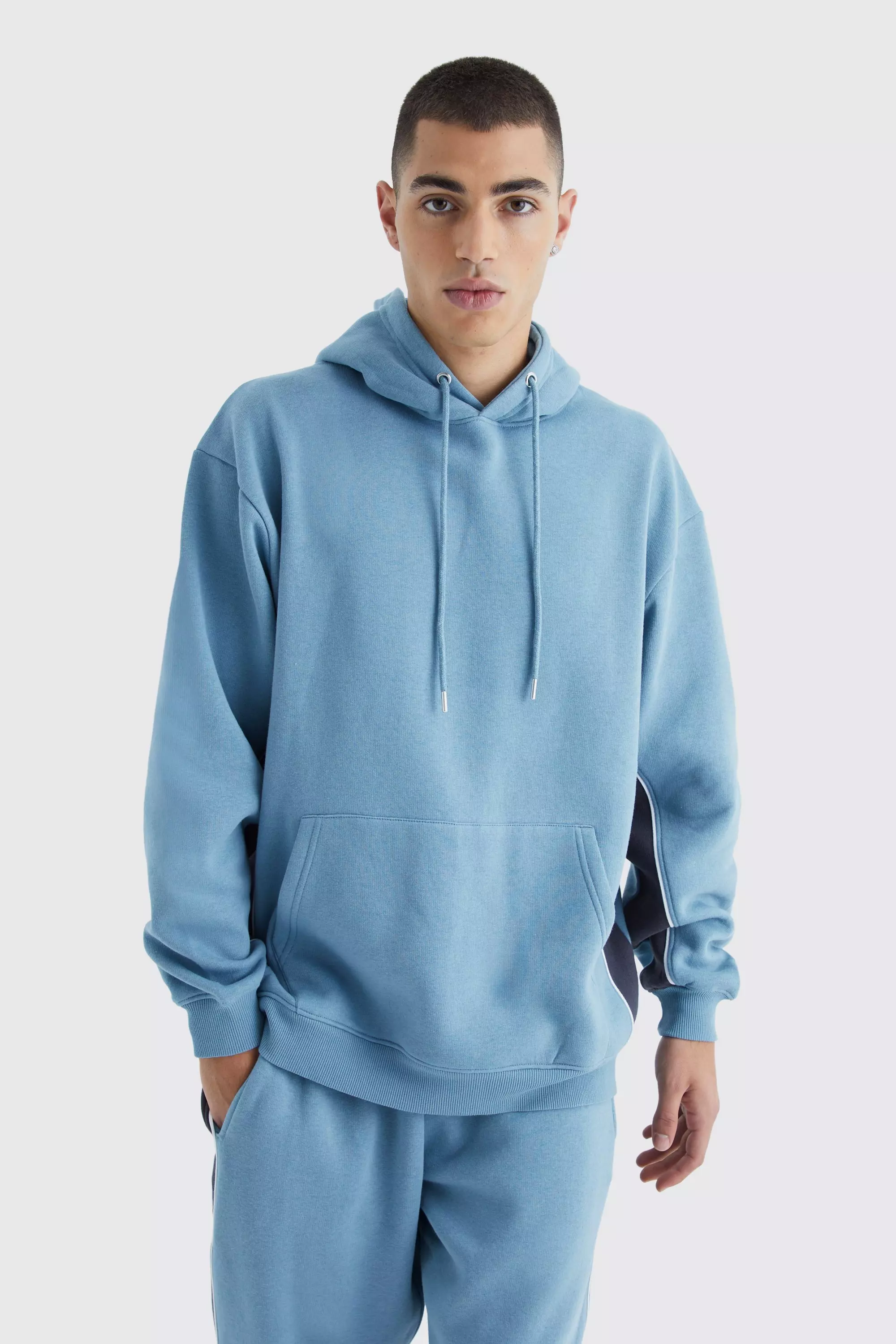 Oversized Colour Block Piped Hoodie Dusty blue