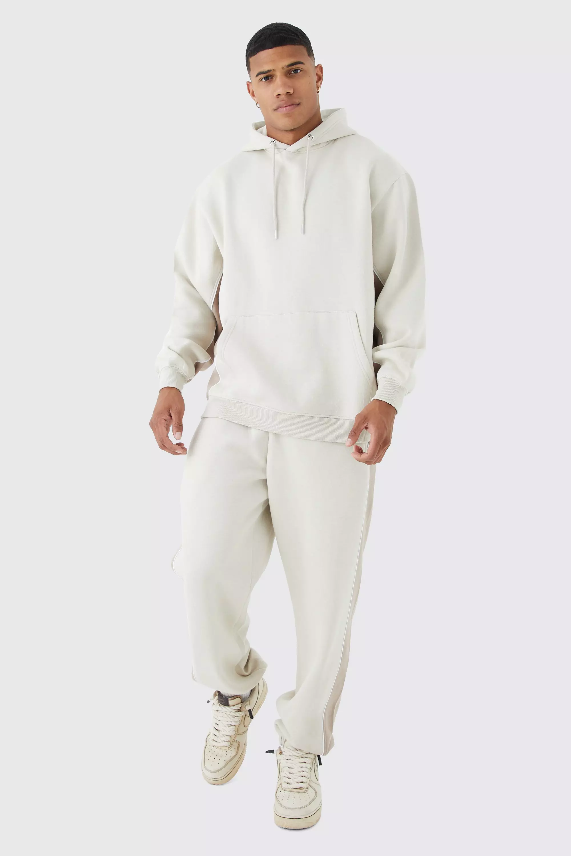 Taupe Beige Oversized Colour Block Piped Tracksuit