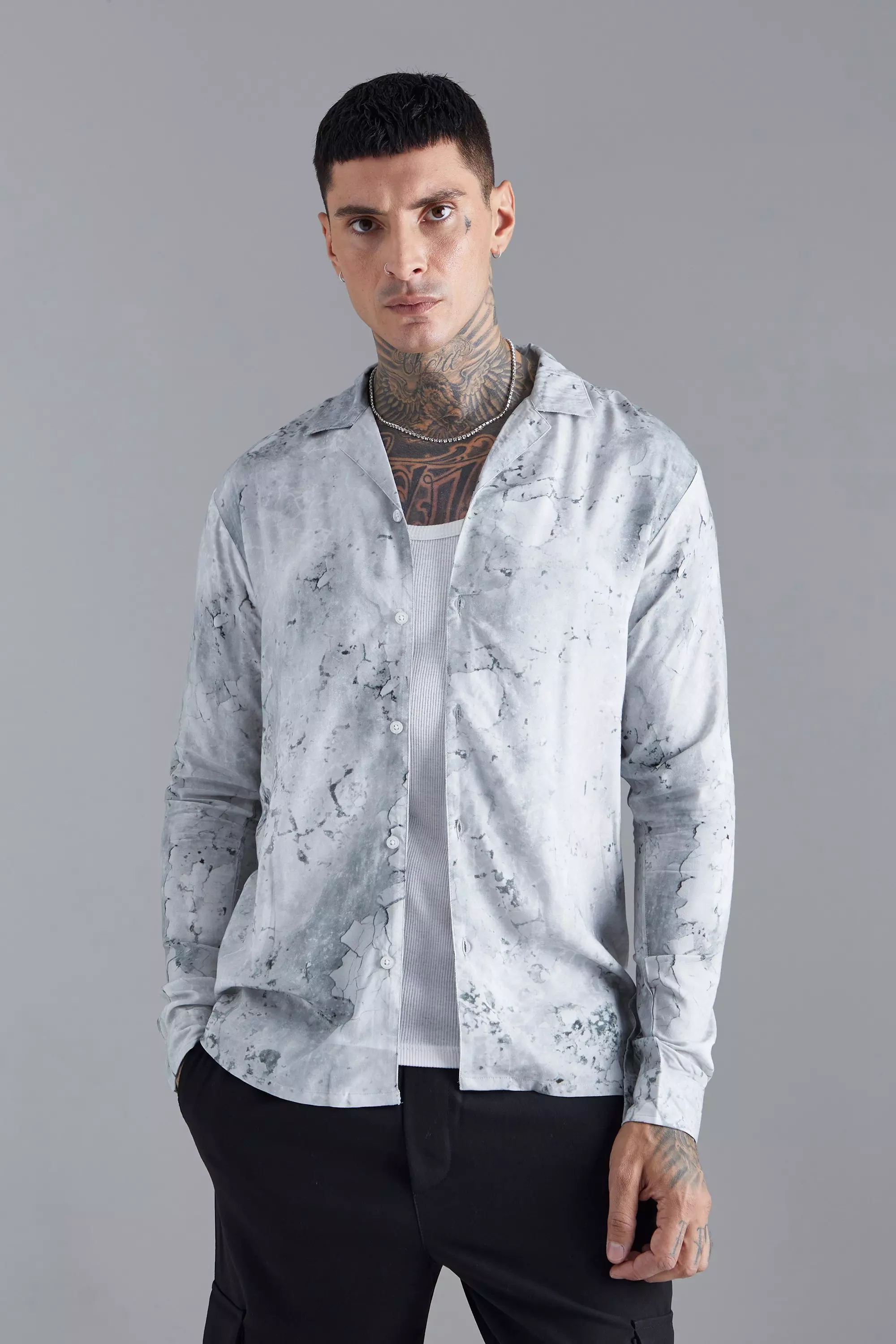 Long Sleeve Viscose Abstract Print Shirt Grey