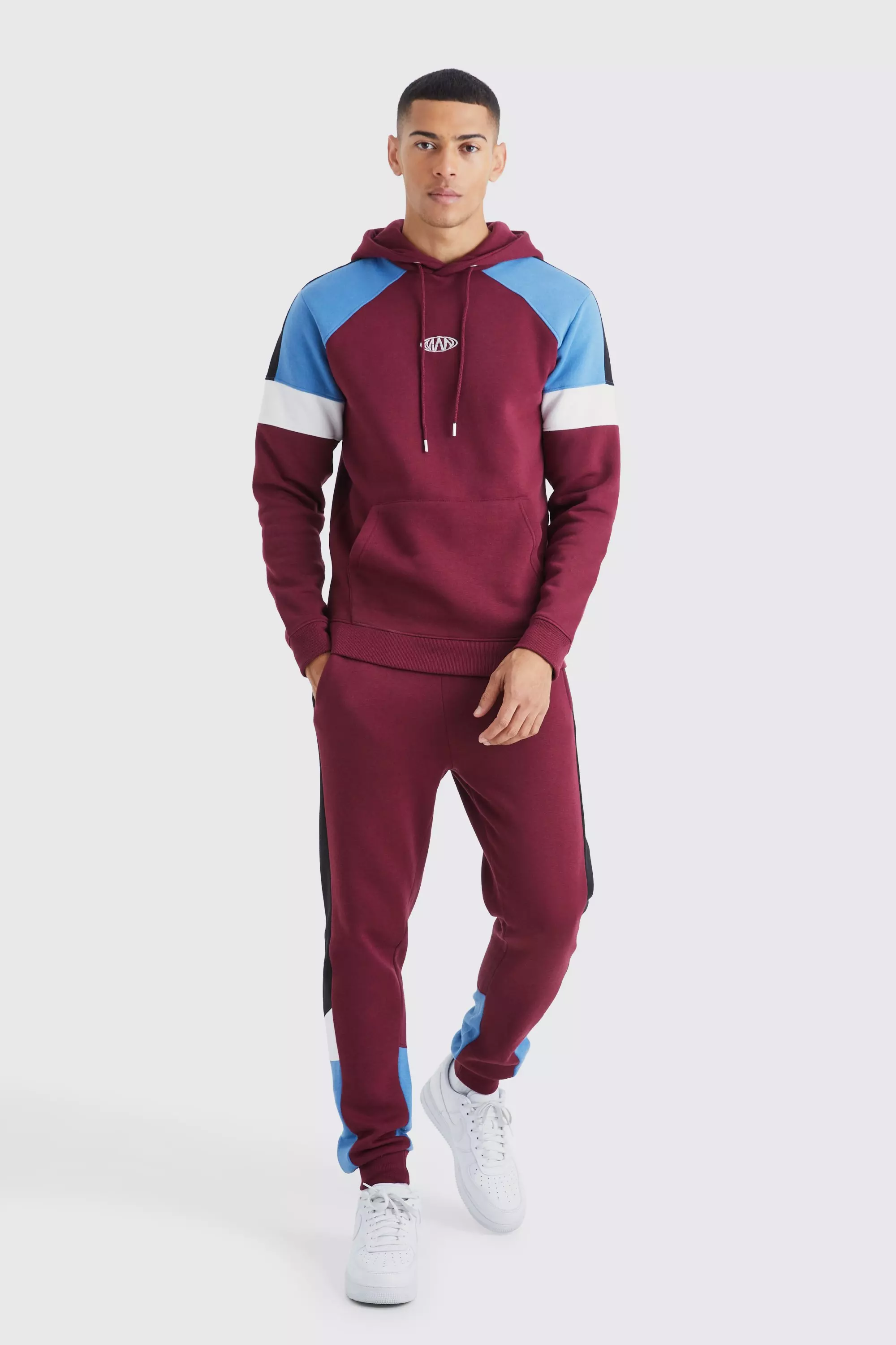 Man Slim Fit Colour Block Hooded Tracksuit Red