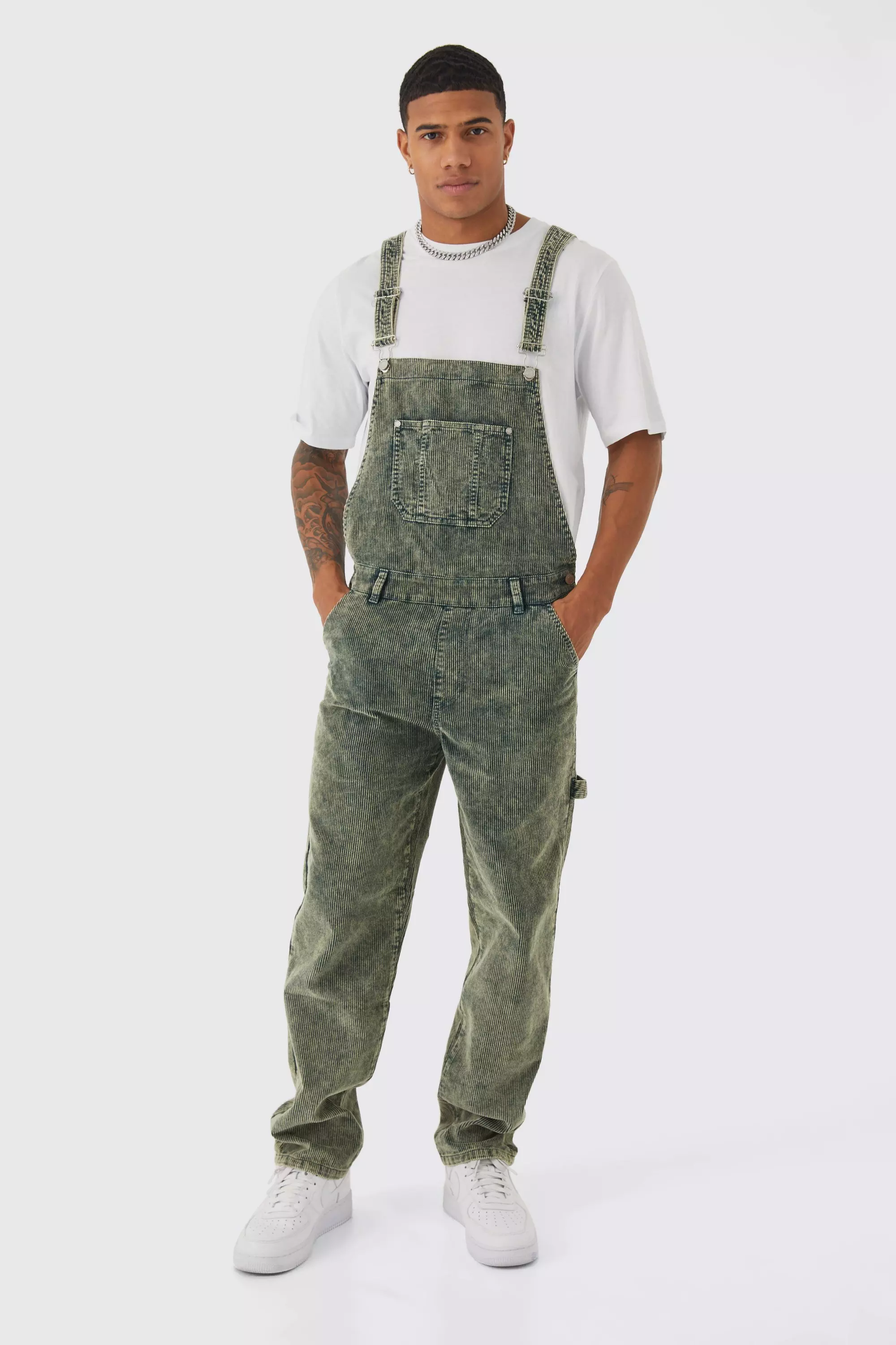 Green Relaxed Acid Wash Cord Overalls