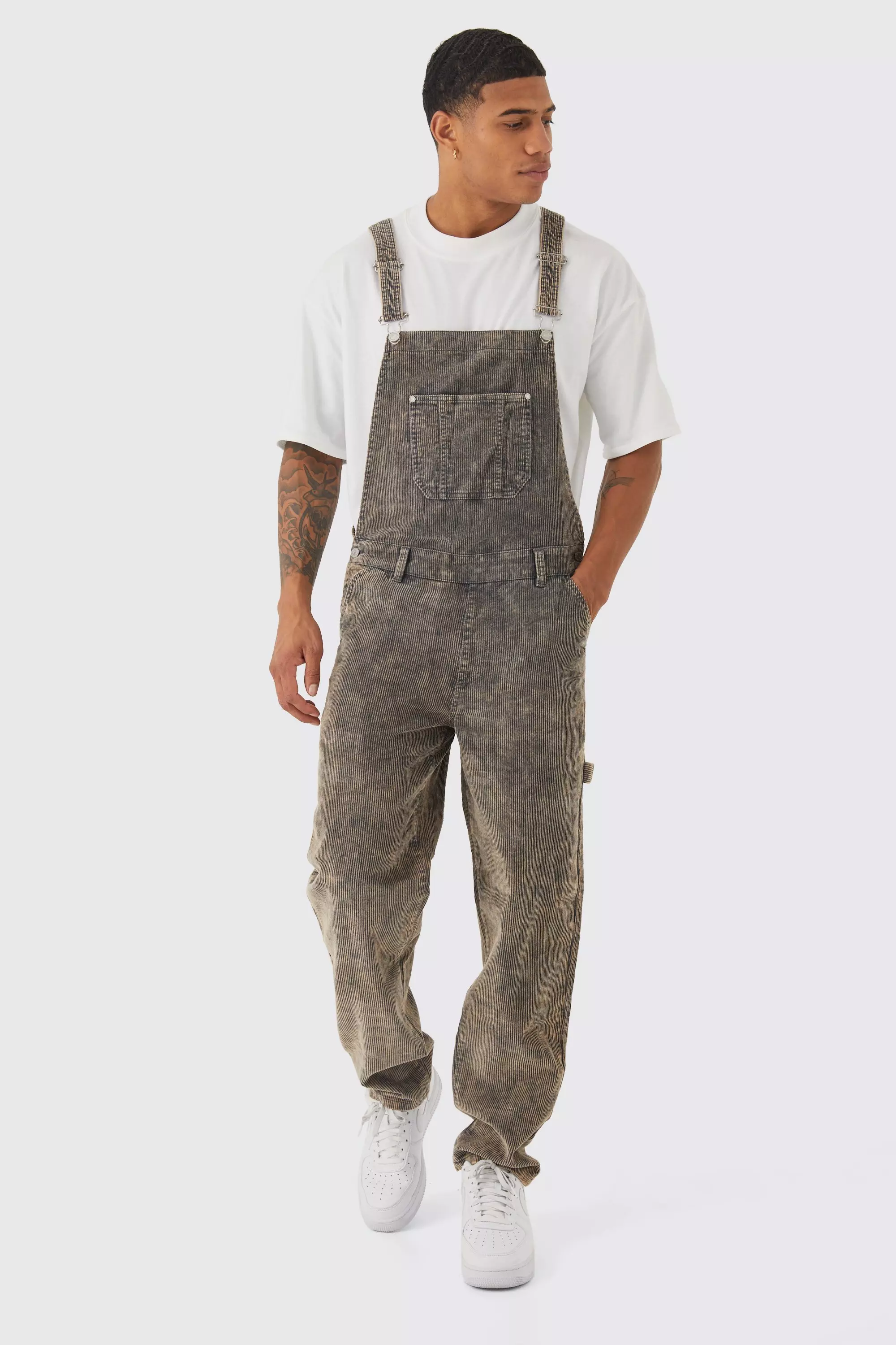 Grey Relaxed Acid Wash Cord Overalls