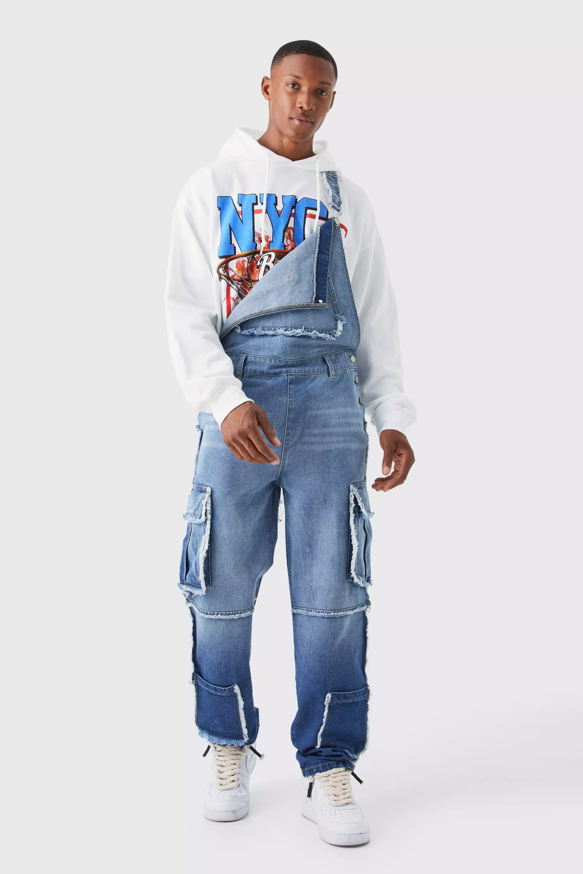 Blue Relaxed Frayed Egde Overalls