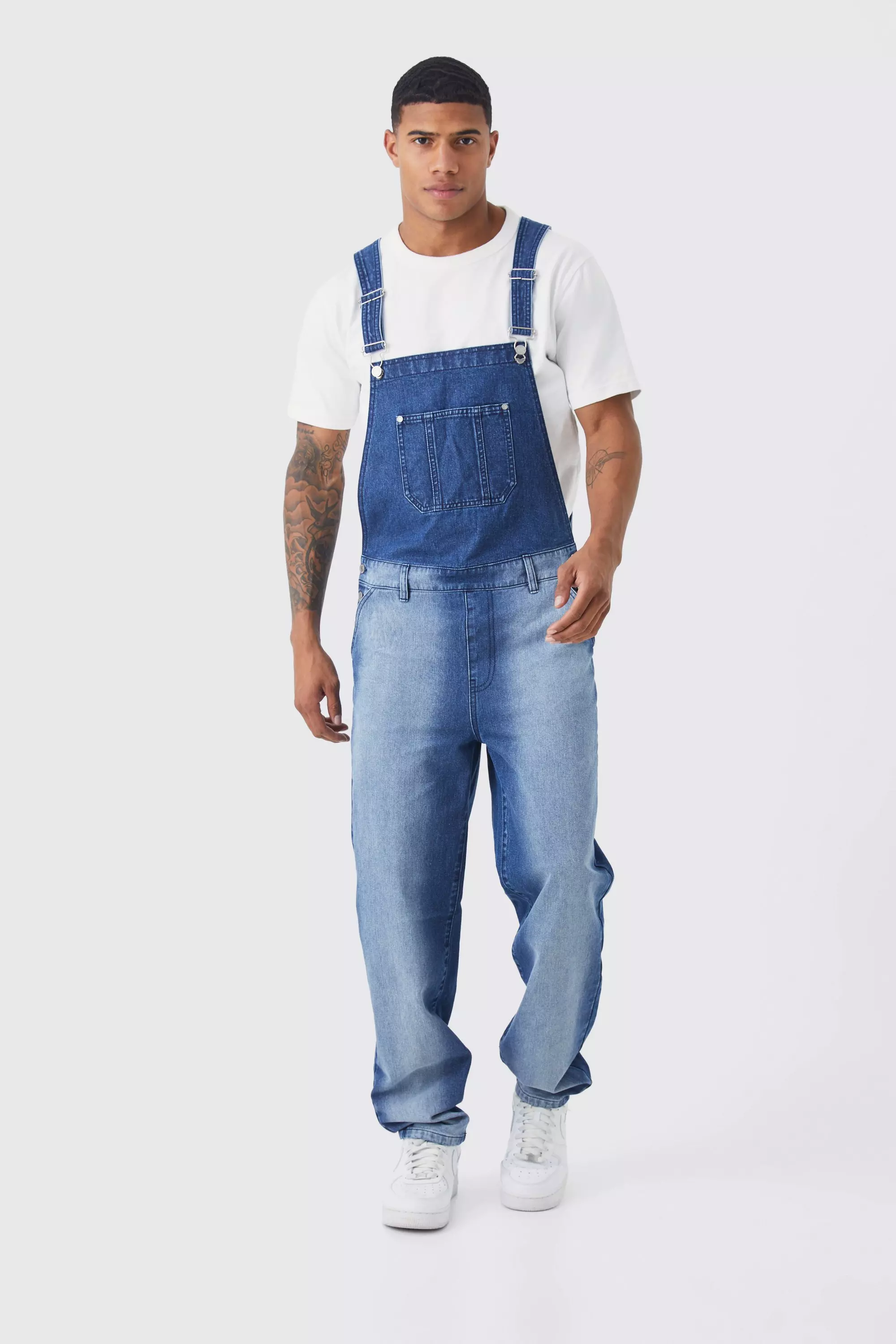 Relaxed Gradient Washed Overalls Mid blue