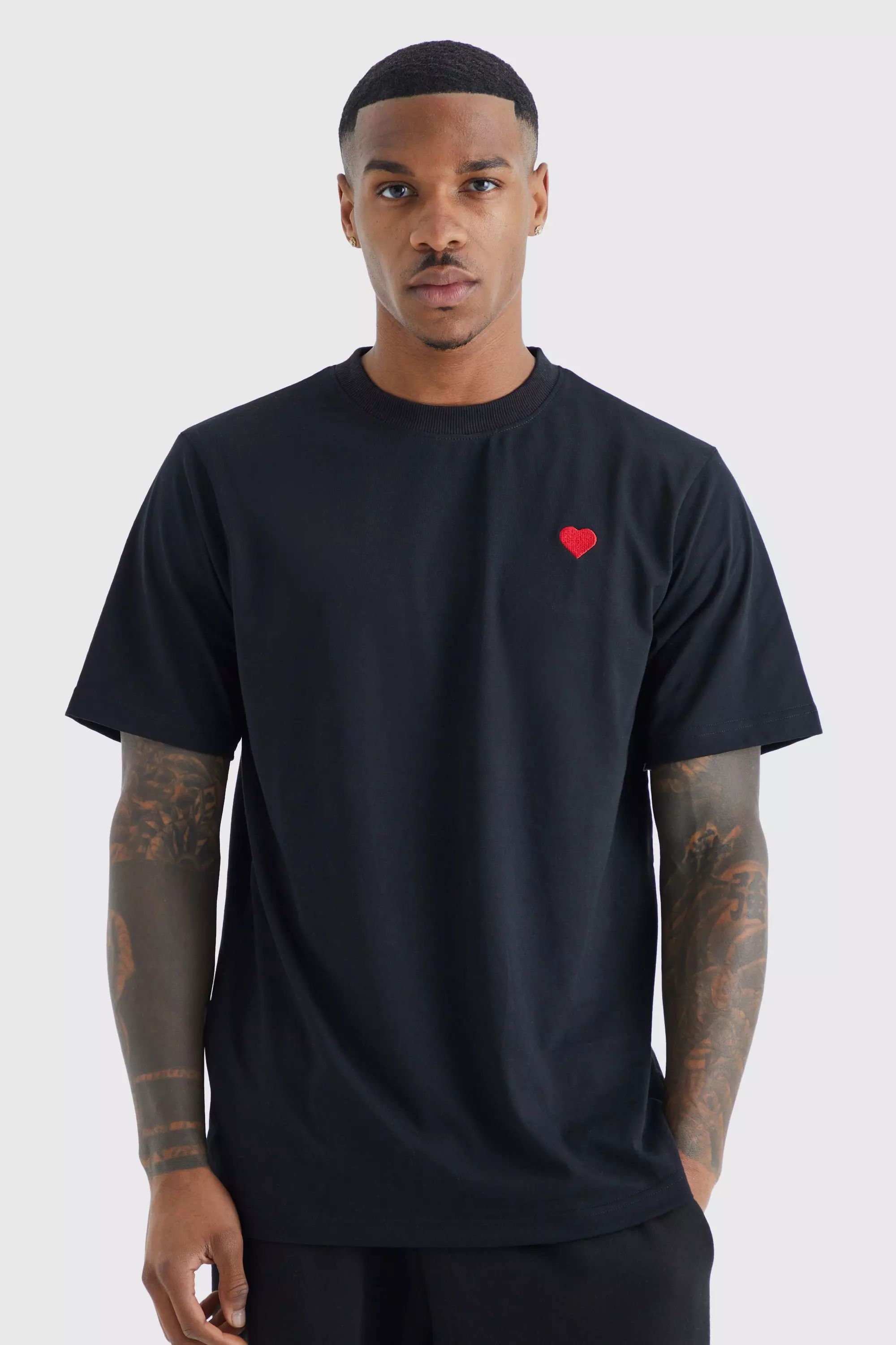 Black Regular Fit Heart Embroidered T-shirt