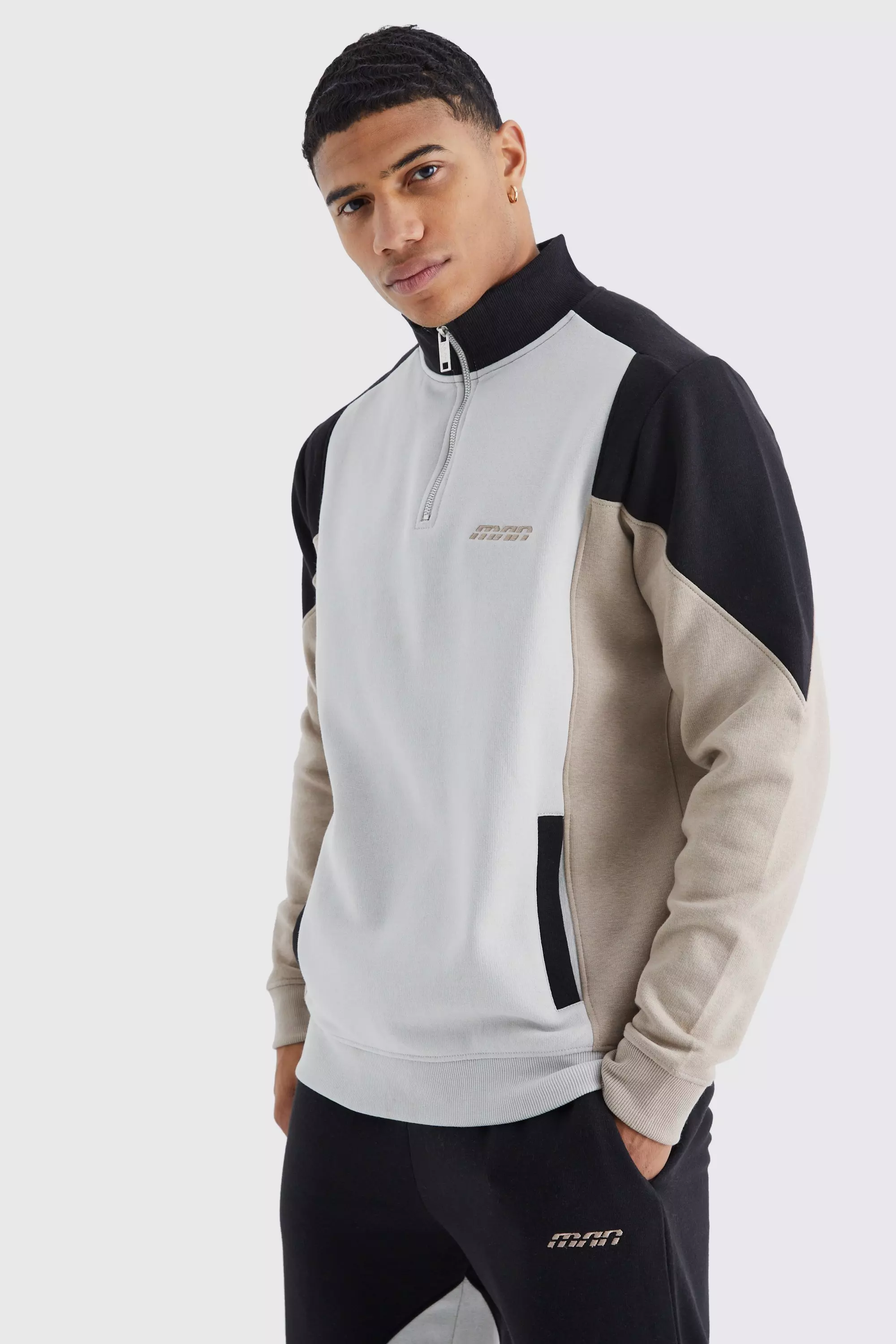 Taupe Beige Man 1/4 Zip Funnel Neck Colour Block Tracksuit