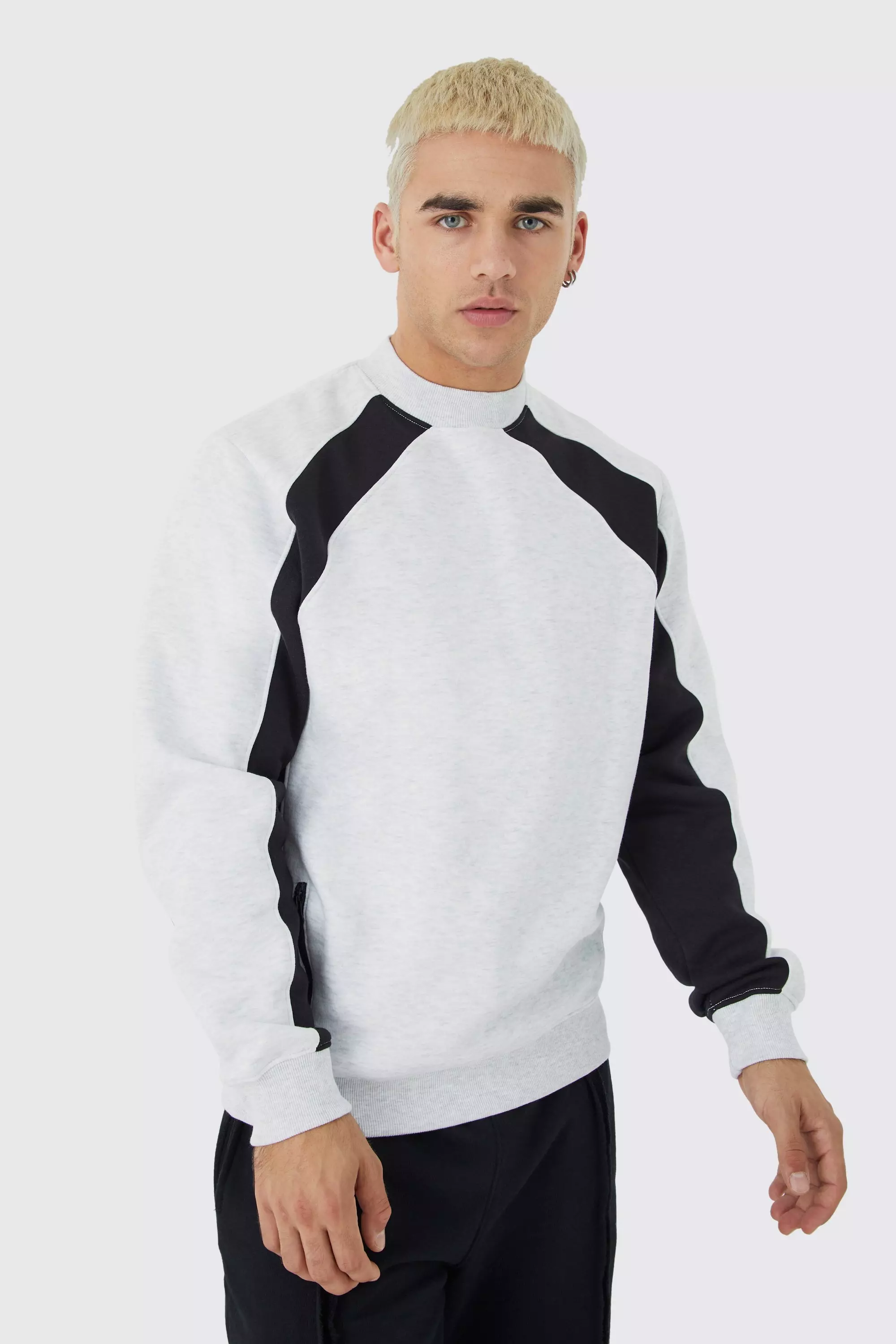 Grey Zip Detail Colour Block Sweatshirt
