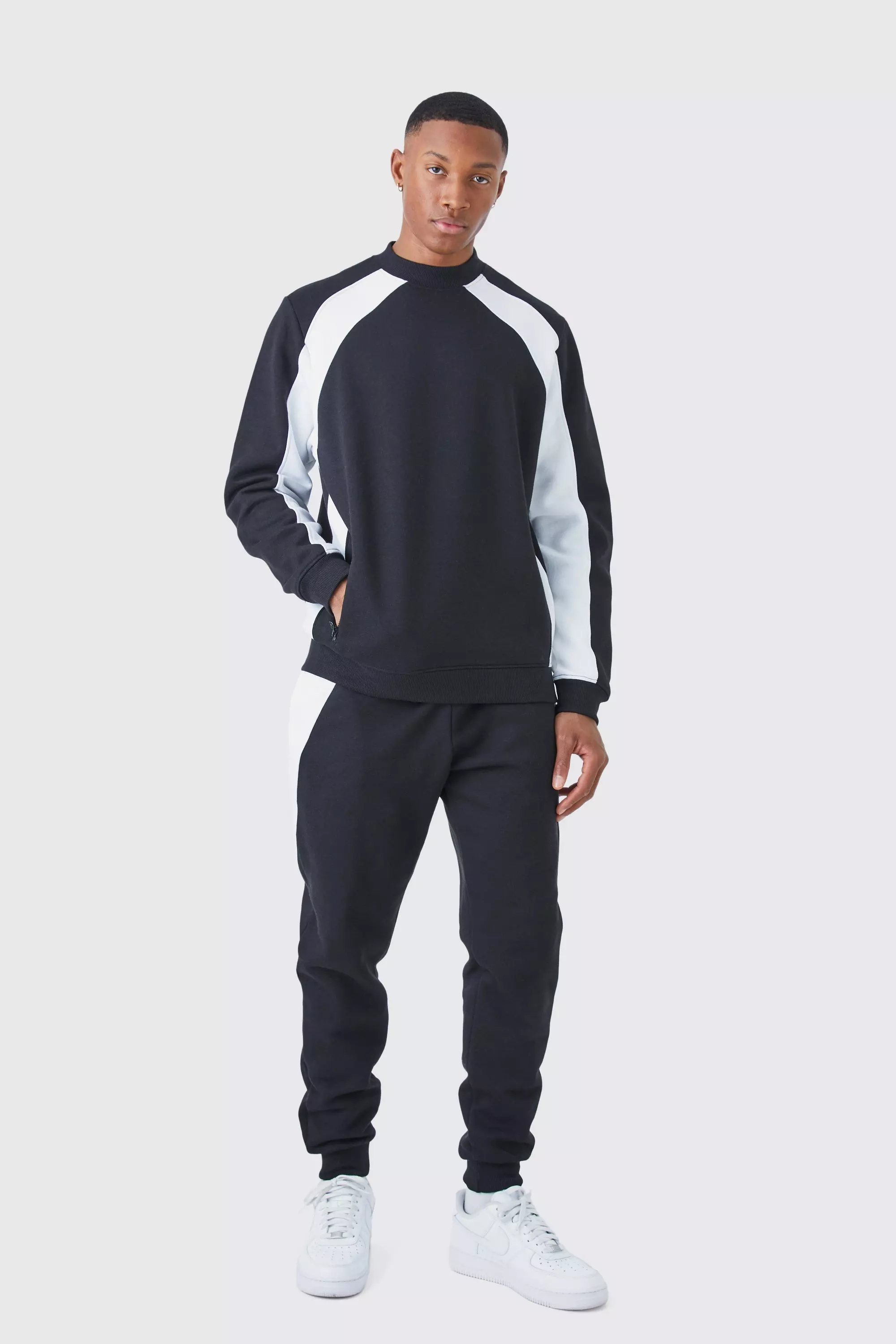 White Color Block Trainingspak Met Trui Met Rits Detail alternatieve afbeelding