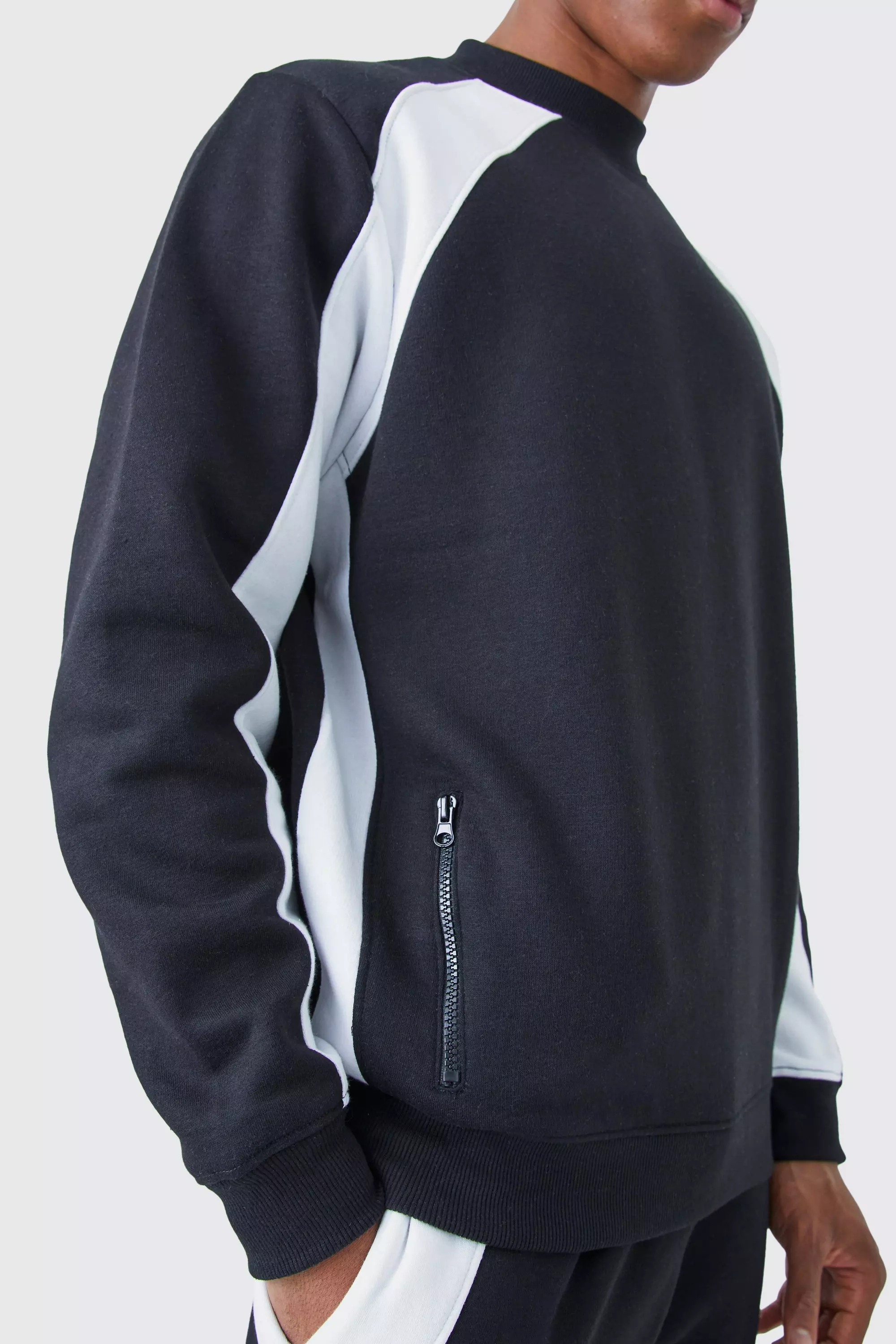 White Color Block Trainingspak Met Trui Met Rits Detail alternatieve afbeelding