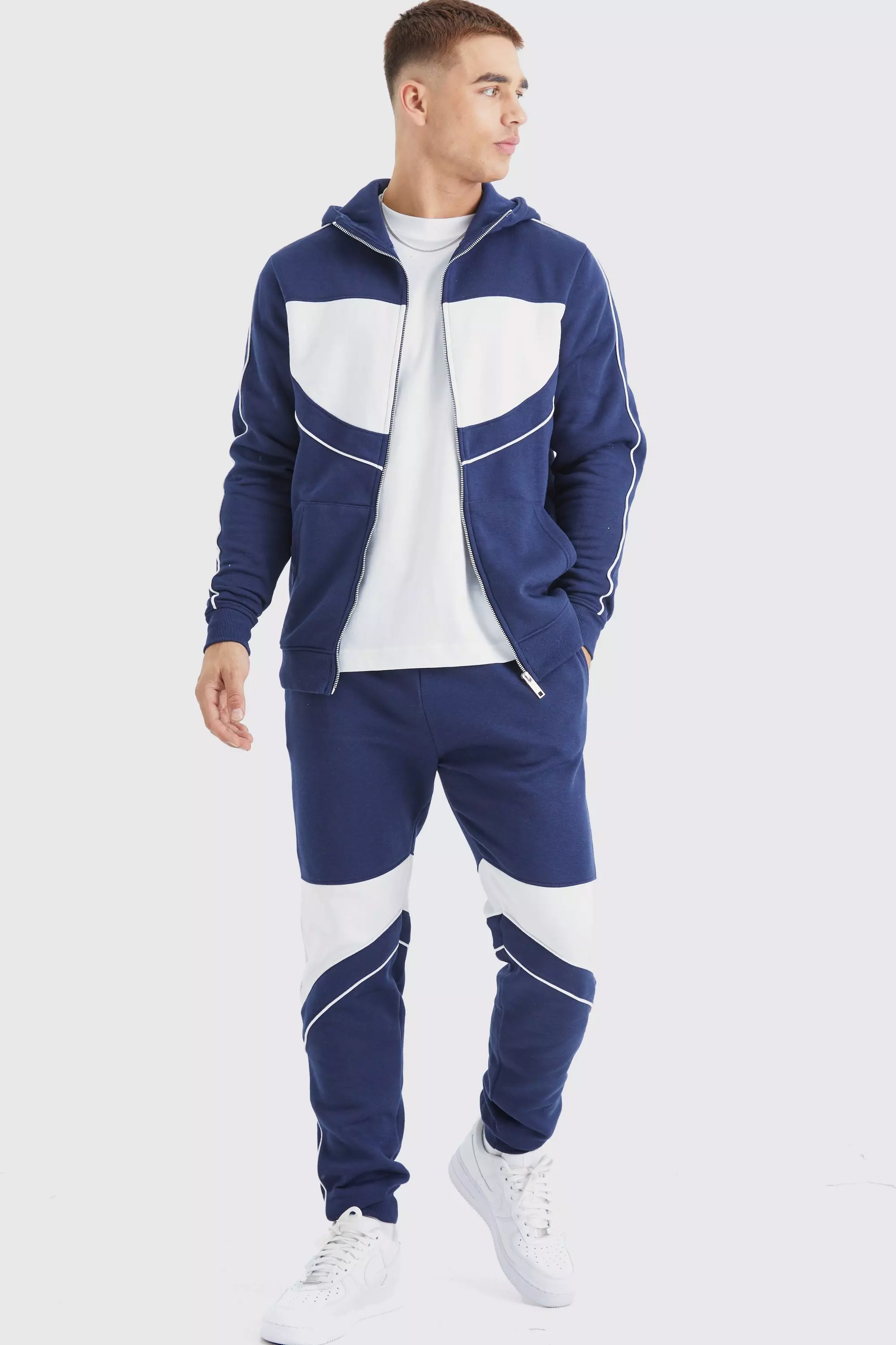 Slim Colour Block Funnel Neck Hooded Tracksuit Navy