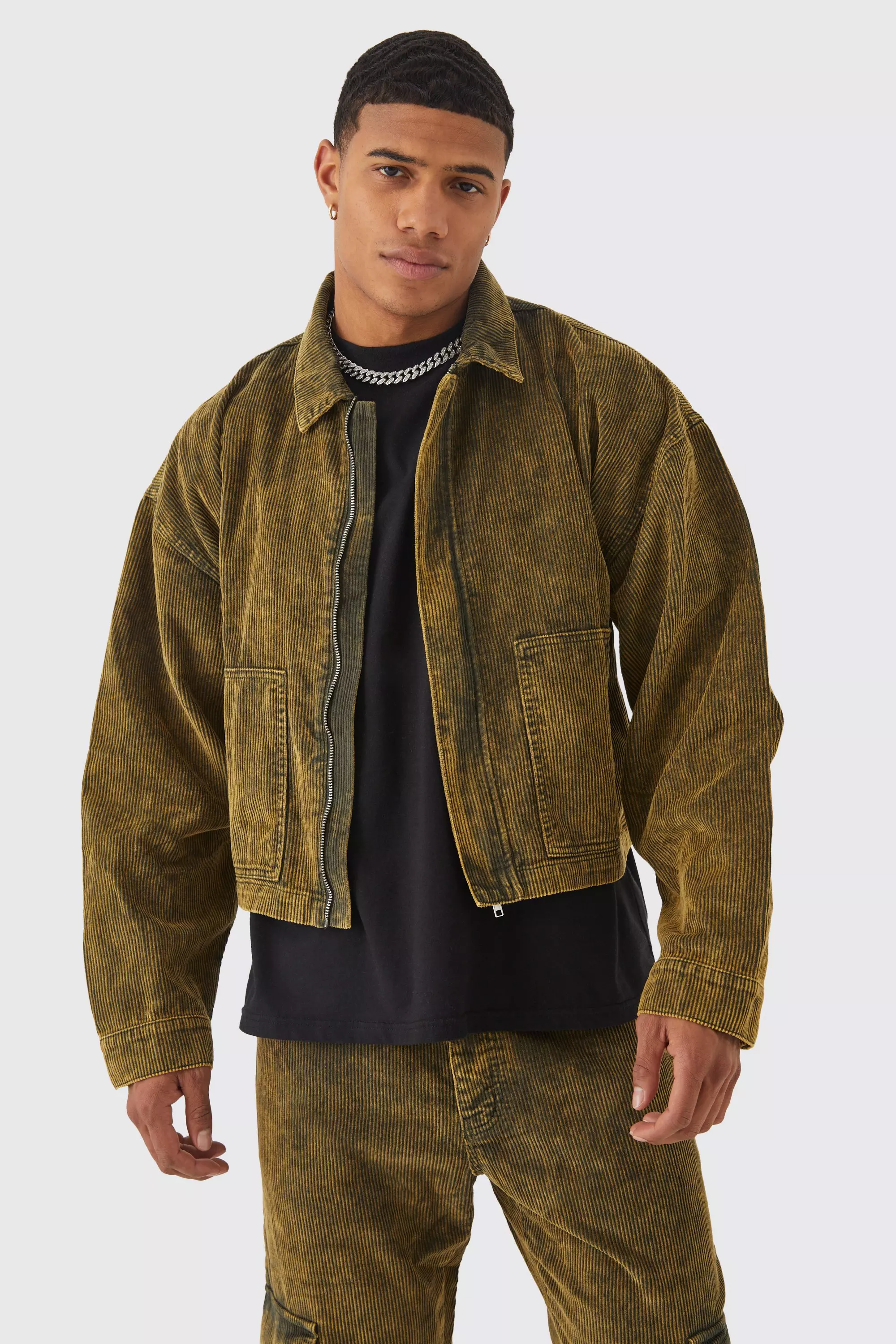 Boxy Acid Wash Cord Jacket Khaki