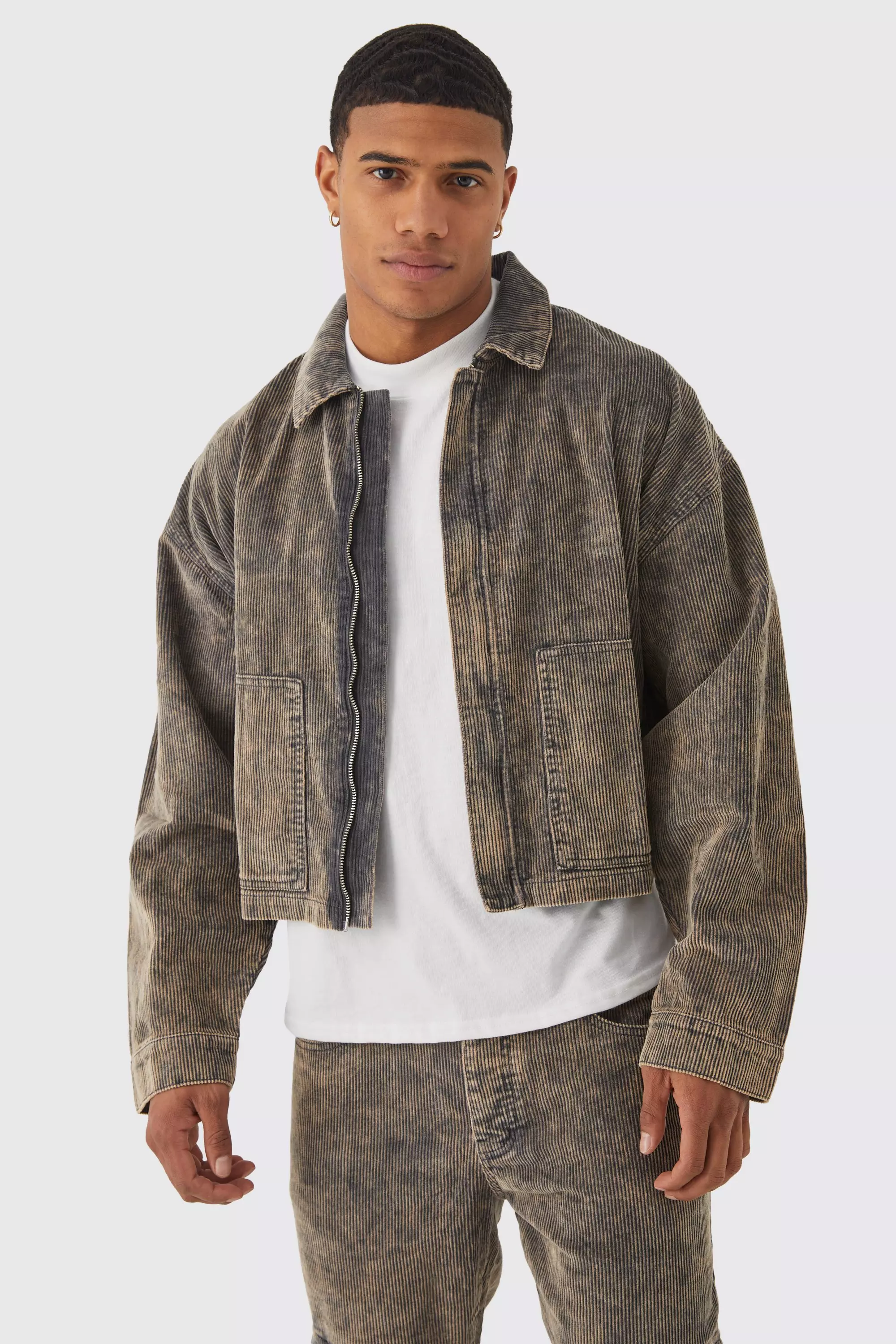 Grey Boxy Acid Wash Cord Jacket