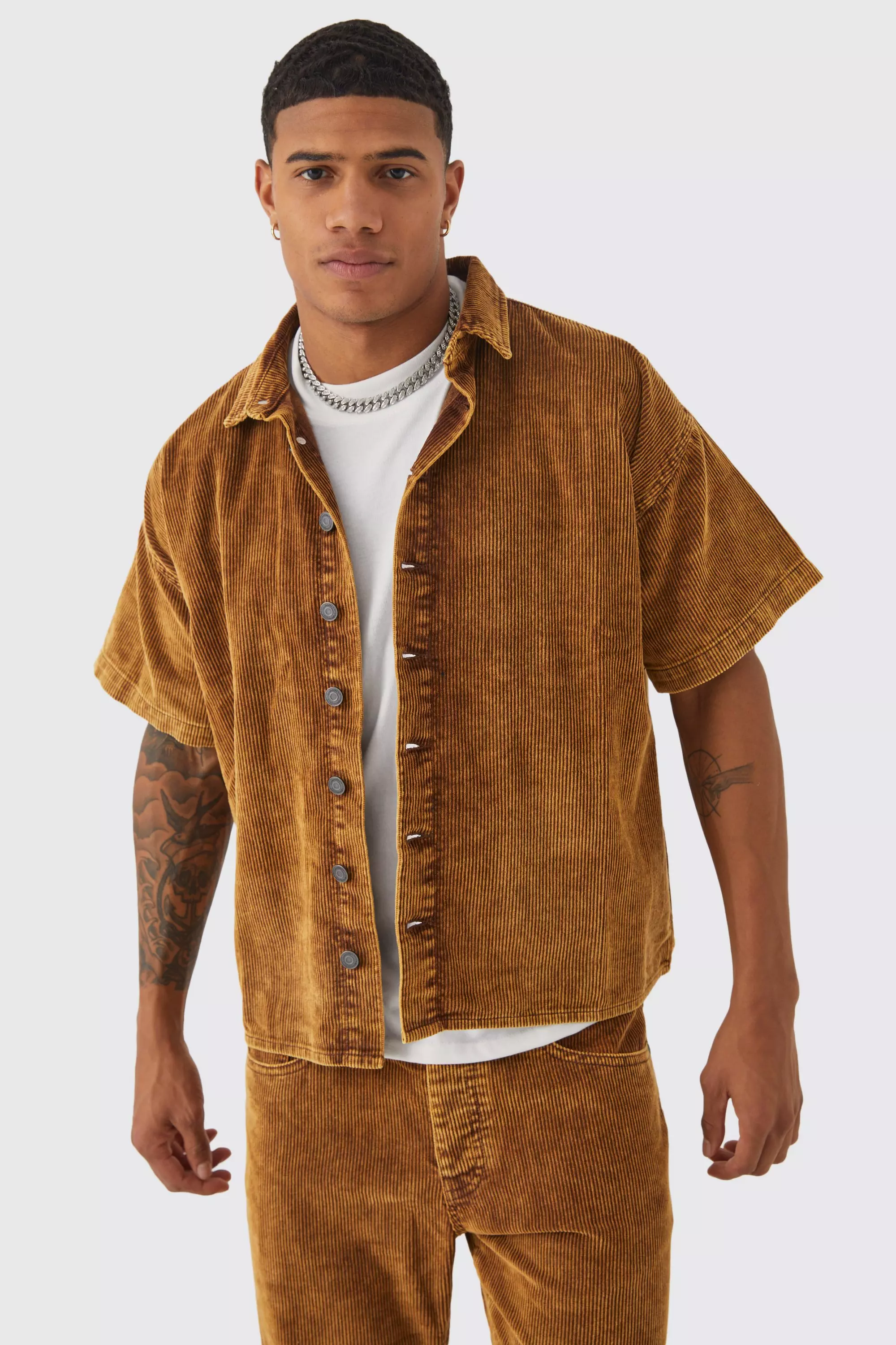 Chocolate Brown Boxy Short Sleeve Acid Wash Cord Shirt