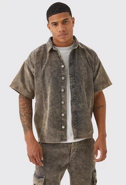 Grey Boxy Short Sleeve Acid Wash Cord Shirt