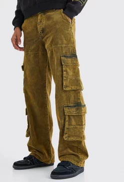 Baggy Multi Pocket Acid Wash Cord Cargo Pants Khaki