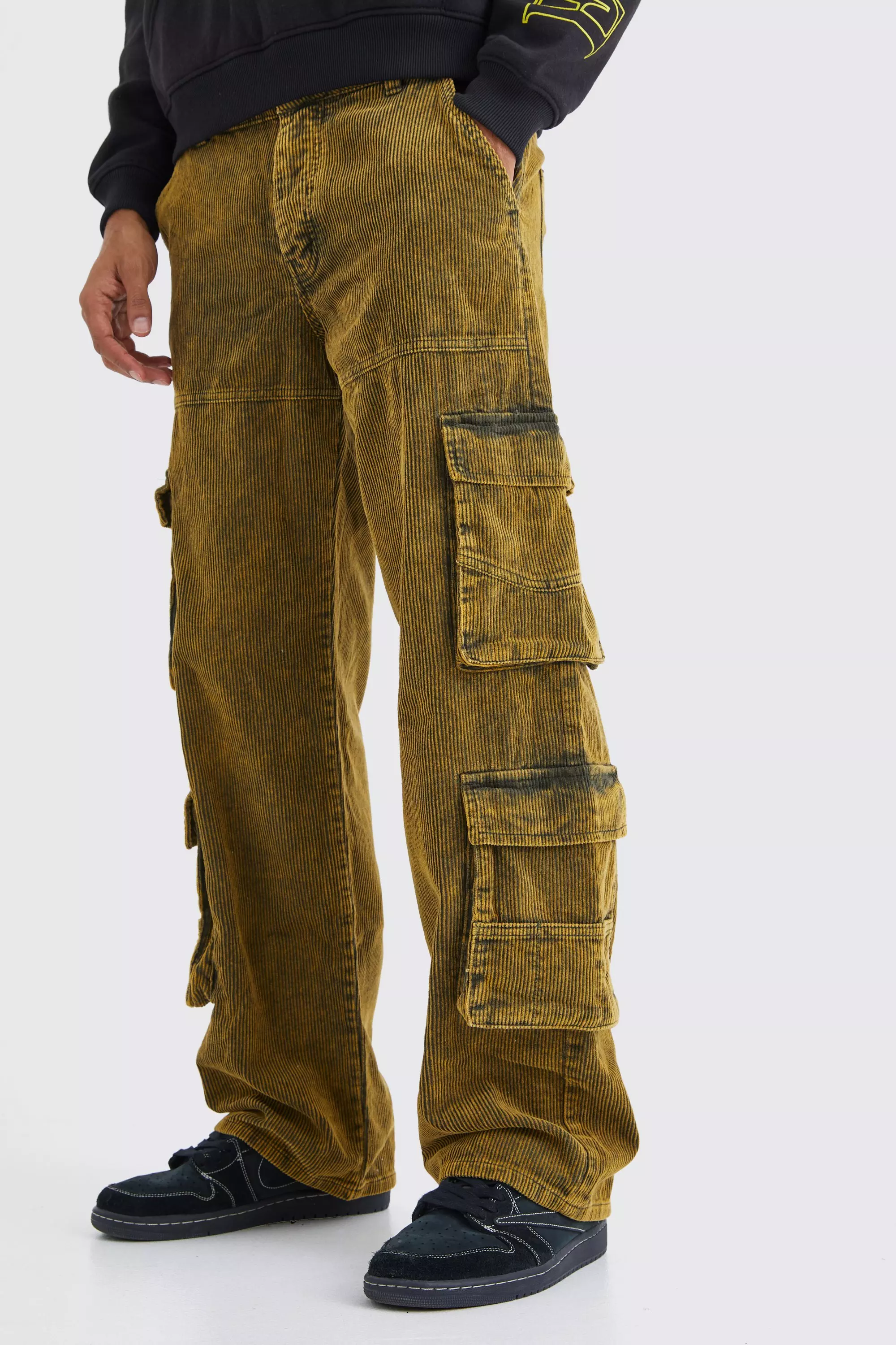 Baggy Multi Pocket Acid Wash Cord Cargo Pants Khaki